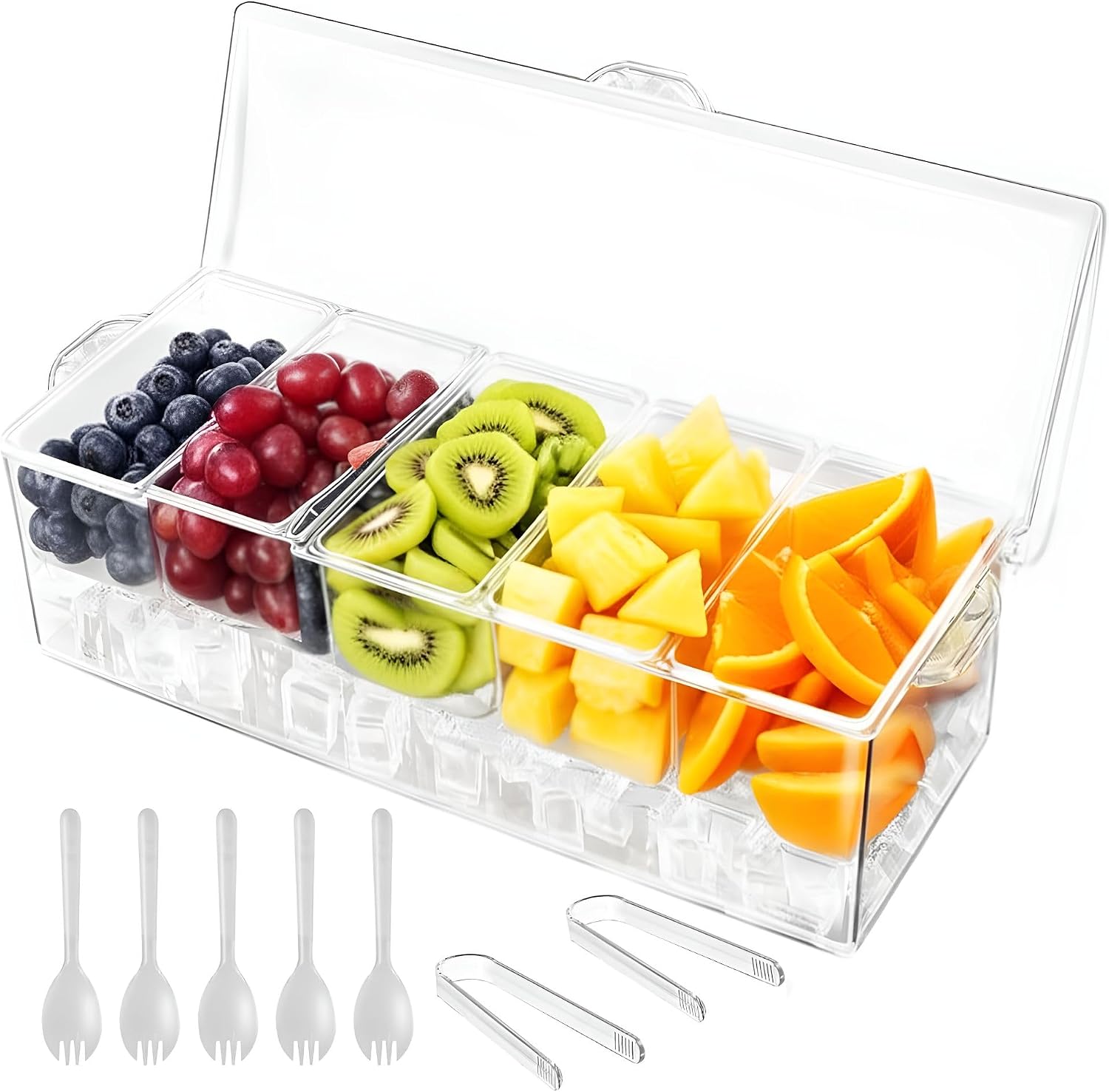 Condiment Server Ice Chilled Condiment Caddy with Lid 5 Compartments Utensils Fruit Tray Hosting Essentials Catering Supplies