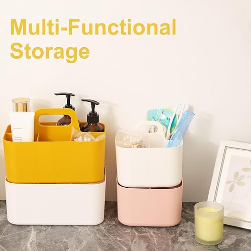 Miniatura 7 de QUEFE Organizador de plástico multiusos, caja de almacenamiento portátil rectangular amarilla con asa, diseño apilable adecuado para suministros de