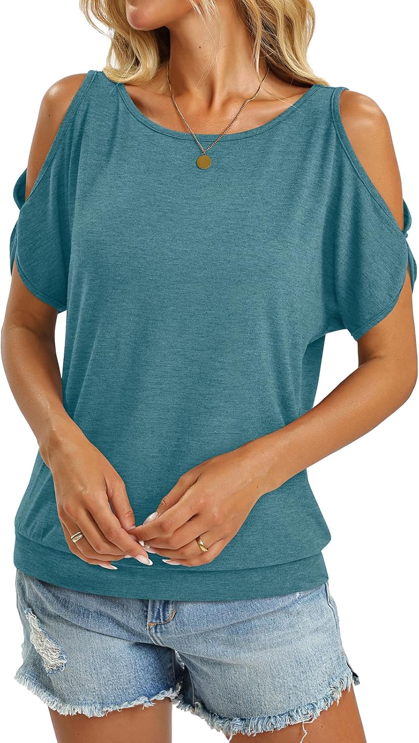 Womens Cold Shoulder Tops Banded Bottom Boat Neck T Shirts Summer Sexy Casual Loose Fit Clothes 2026 - Image 5