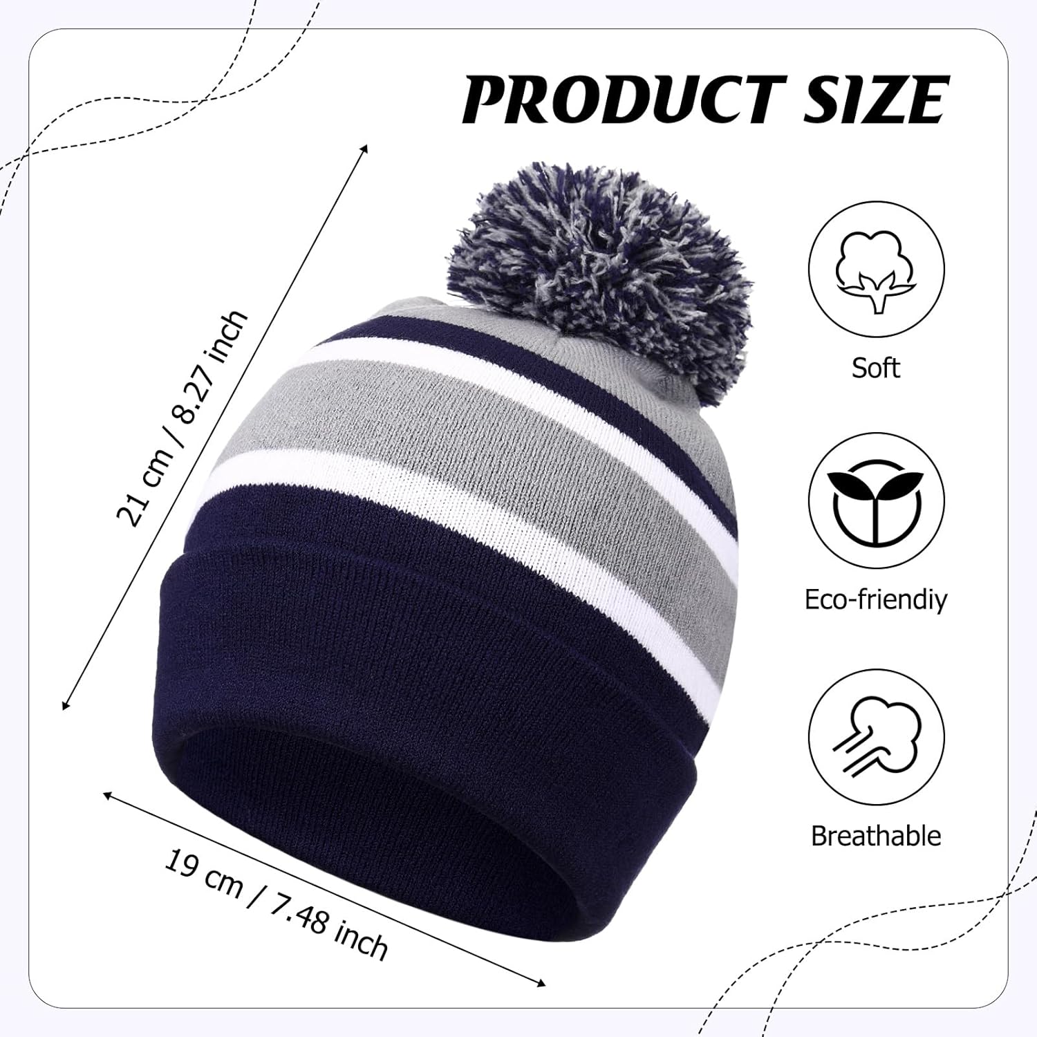 Shihanee Striped Beanie with Pom for Men and Women Soft Acrylic Knit Cuffed Warm Beanie Cap Winter Hat Outdoor Multicolor - Image 2