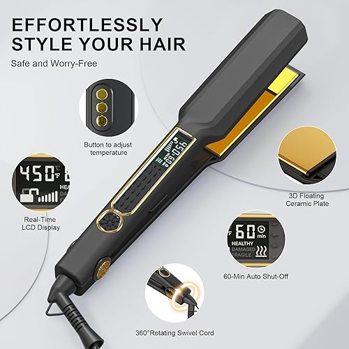 Miniatura 6 de Thirtek Plancha de pelo profesional, plancha plana de cerámica y titanio de 1.5 pulgadas, 15 niveles de temperatura ajustables, pantalla LCD,