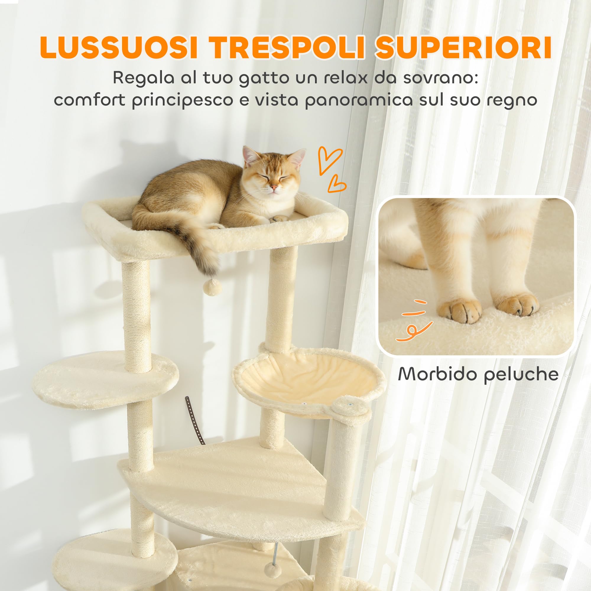 PawHut Tiragraffi per Gatti Alto 200 cm con 5 Pali Graffiatoi Sisal Beige | Albero per Gatti Adulti XXL Multilivello, 2 Grotte, 2 Cucce, Amaca, 2 Pompon, Piattaforme, Peluche, Torre per Gattini
