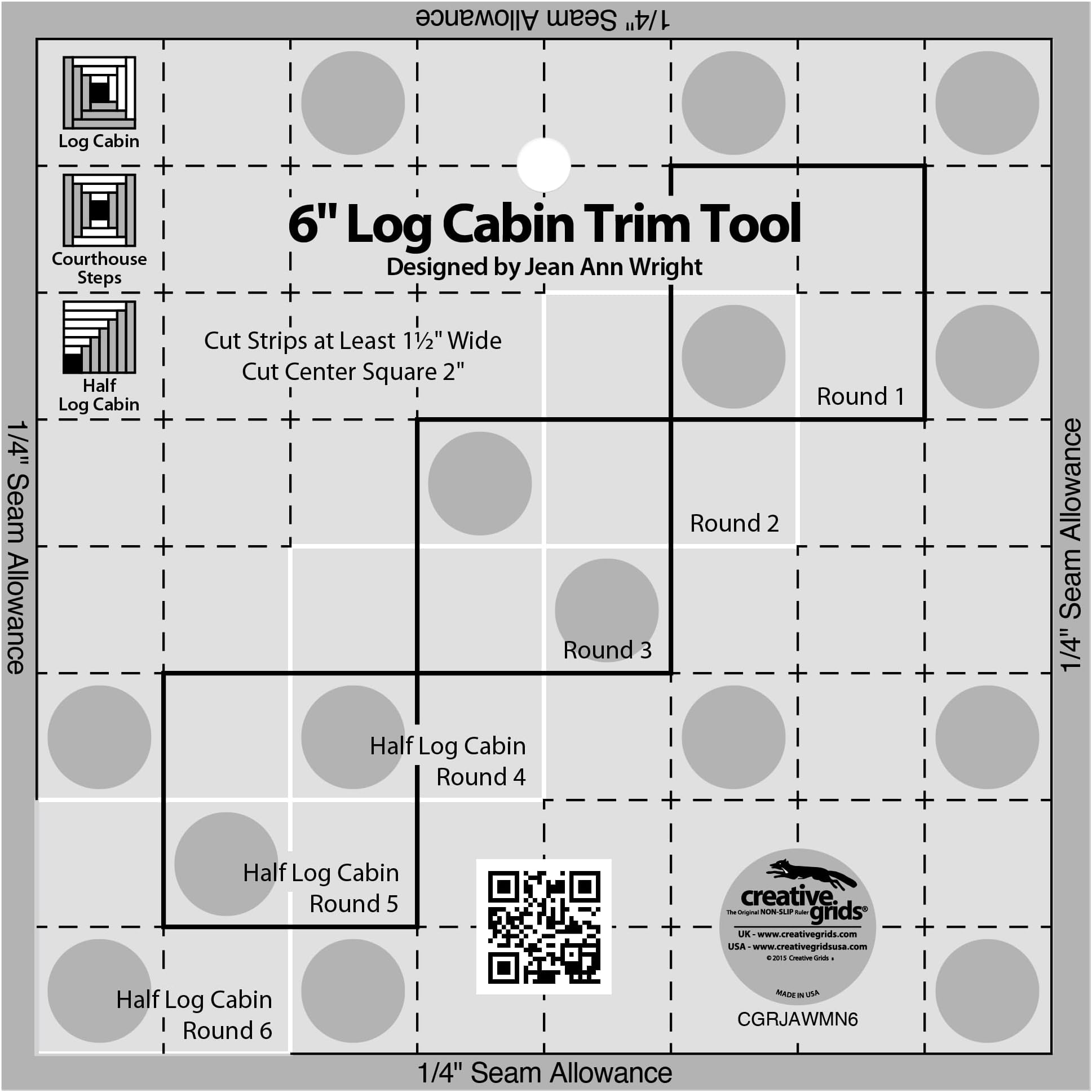 6in Log Cabin Trim Tool Quilt Ruler – CGRJAWMN6 – Made in USA, 6-1/2in x 6-1/2in, Non-Slip Grip Acrylic Quilting, Sewing, Crafting, Patchwork Ruler & Template