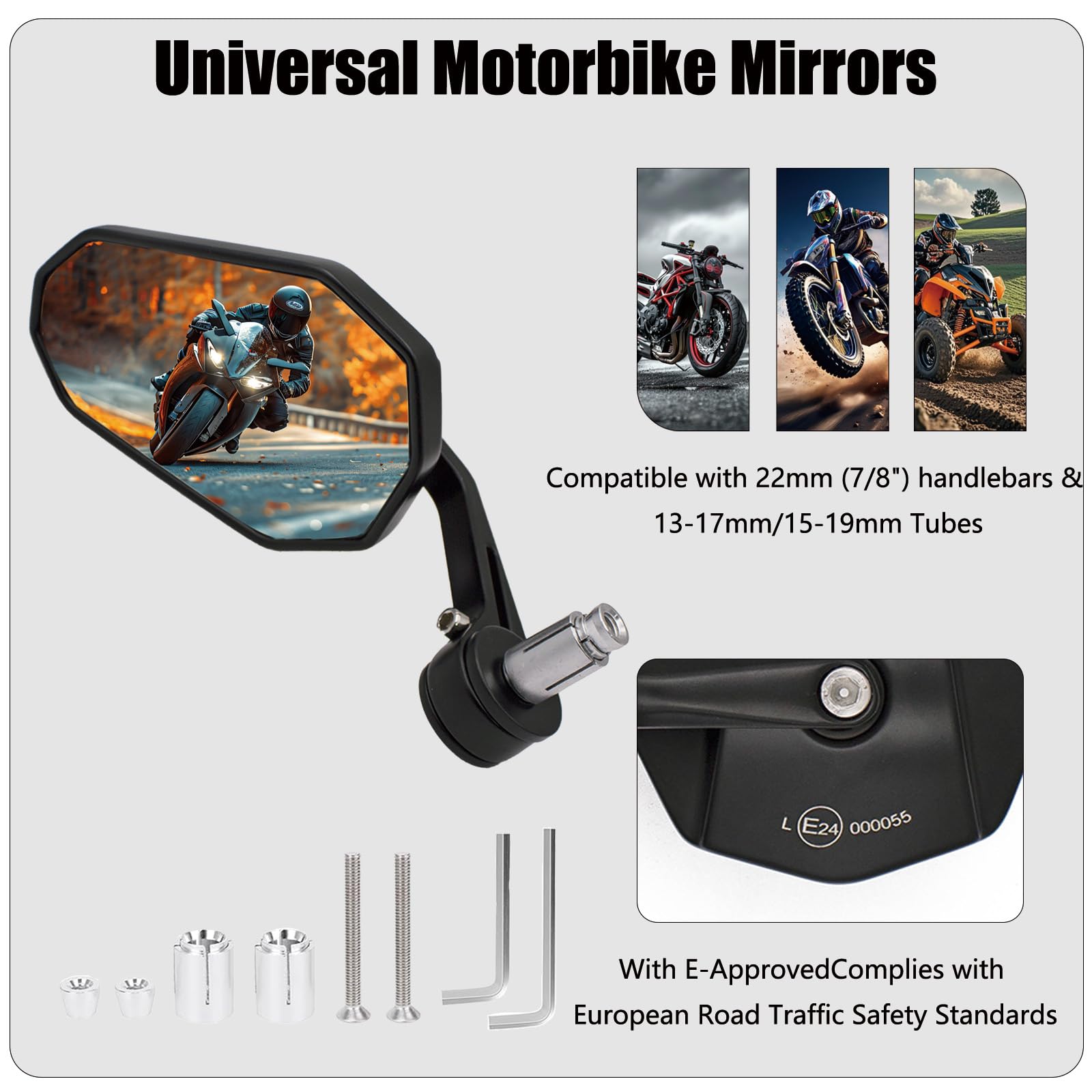Specchietti Moto Manubrio Omologati, Specchietti Retrovisori Moto Universali in Alluminio 7/8" 22mm,Bekasa Universali Specchietto End Bar per Scooter, Naked, Moped,Cruiser, Scramble, 2 pezzi