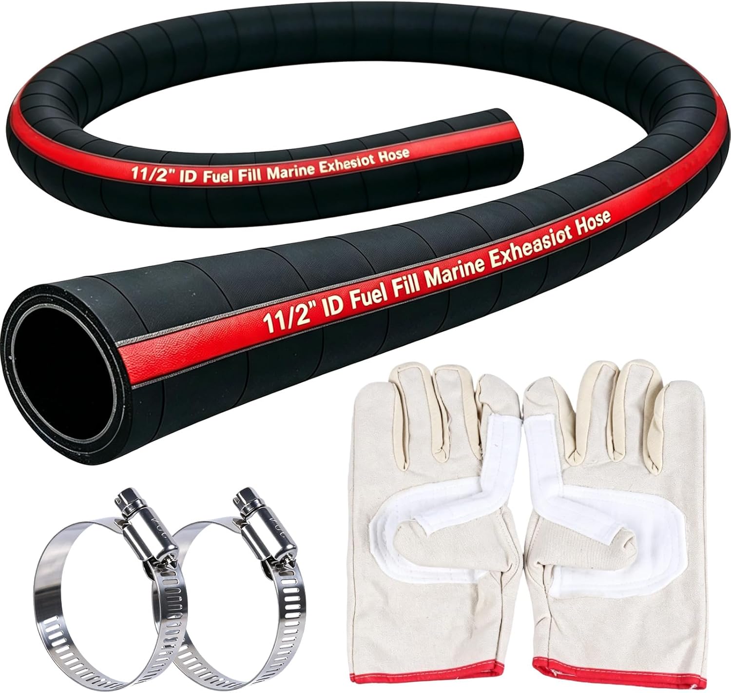 58524 Marine Fuel Filler Hose, 1.5" ID x 48" Fuel Filler Hose, Steel Wire Reinforced Multi-Layer Construction, with 2 Hose Clamps and Durable Work Gloves, 1 1/2 Fuel Hose for Gasoline, Ethanol, Diesel