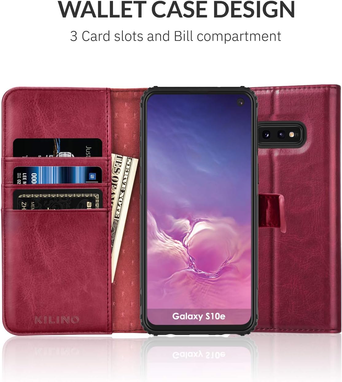 KILINO Galaxy S10e Wallet Case [RFID Blocking] [Premium Leather] [Soft TPU] [Shock-Absorbent Bumper] [Card Slots] [Kickstand] [Magnetic Closure] Flip Folio Cover for Samsung Galaxy S10e (Burgundy)