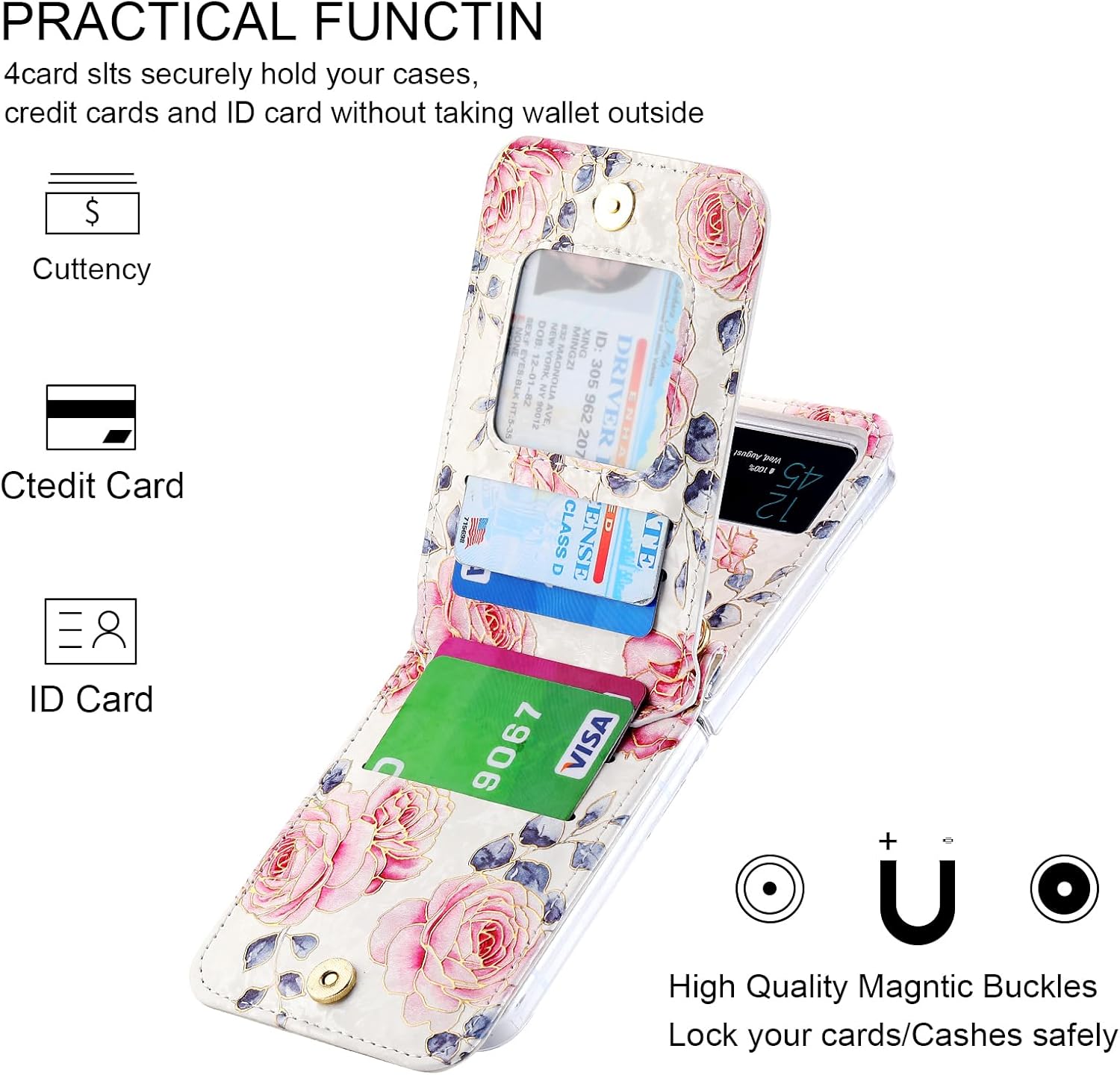 Phone Case for Samsung Galaxy Z Flip 4 Wallet Phone Cover, Zipper Card Slots with Adjustable Crossbody Strap with Kickstand, Cute Rose Pattern Flip 4 Phone Cover (White)