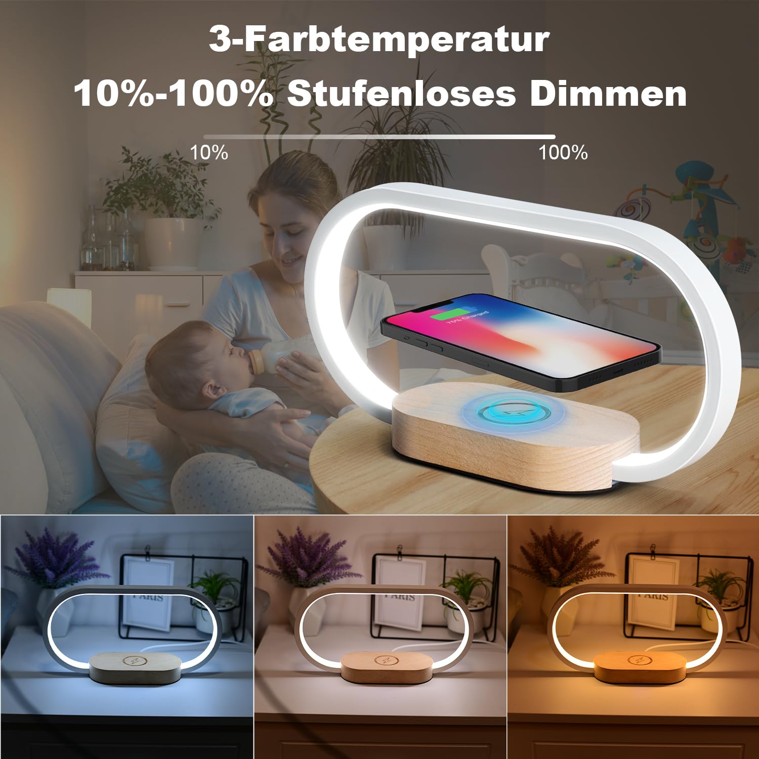 VKH Kabellose LED Nachttischlampe – Metall, Silber, 3 Lichtmodi, Touch & USB-C, Für Schlafzimmer & Wohnzimmer