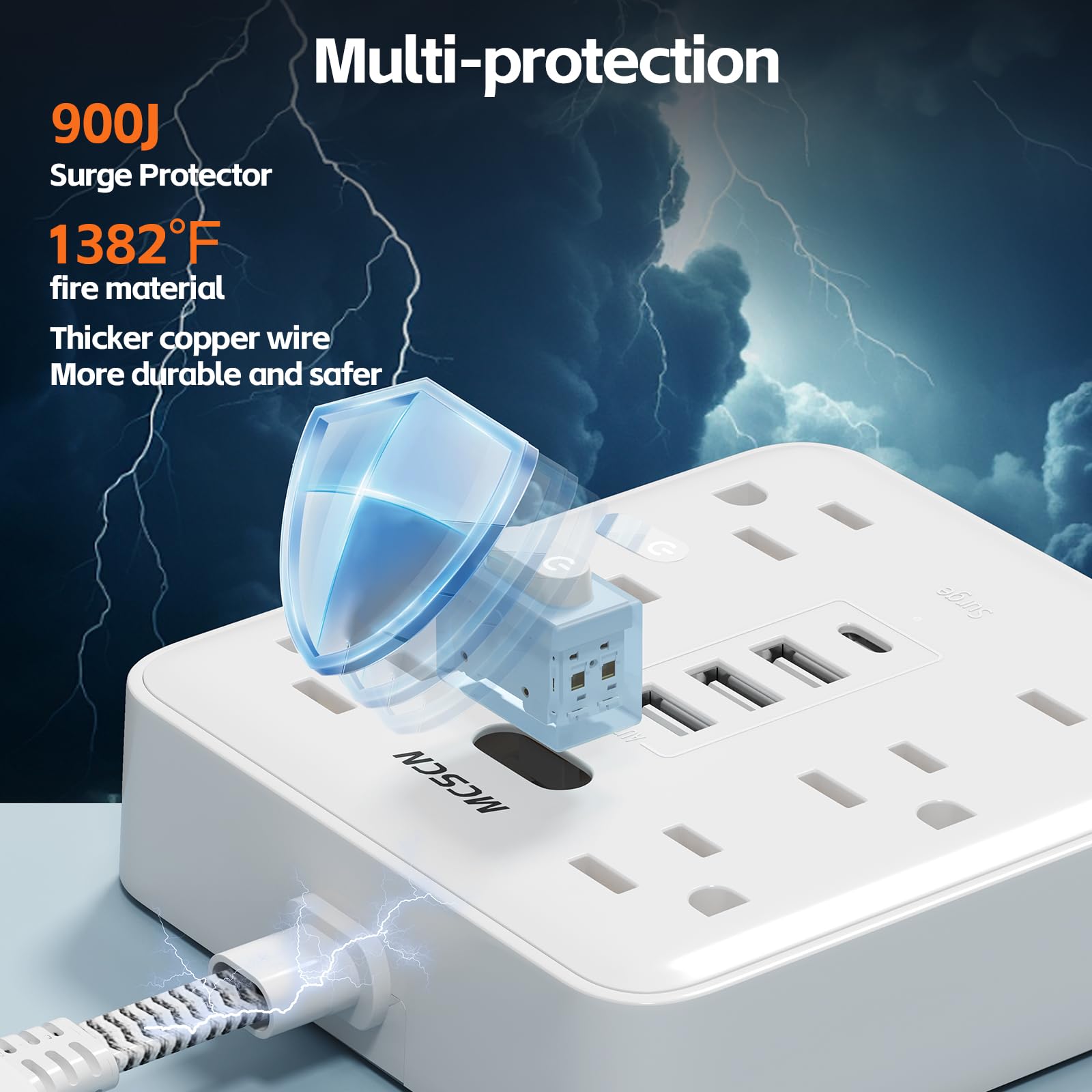 Enchufe plano portátil delgado y delgado, protector de sobrecarga, regleta de alimentación con 6 salidas de CA, 4 USB (1C) para el hogar, oficina, dormitorio, viajes, artículos esenciales