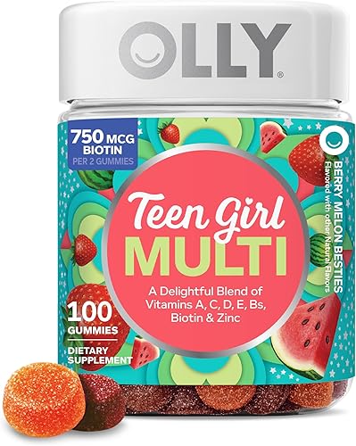 OLLY Teen Girl Multi Gummy, Healthy Skin and Immune Support,* Essential Vitamins, Biotin, Zinc, Chewable Multivitamin, Strawberry Melon Flavored, 50 Day Supply - 100 Count
