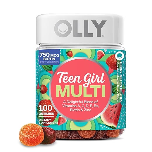 OLLY Teen Girl Multi Gummy, Healthy Skin and Immune Support,* Essential Vitamins, Biotin, Zinc, Chewable Multivitamin, Strawberry Melon Flavored, 50 Day Supply - 100 Count