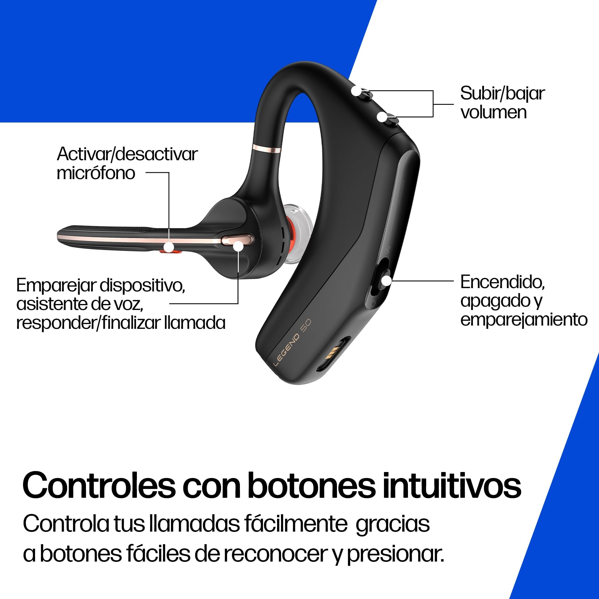POLY Voyager Legend 50-M, Auricular Bluetooth con cancelación de Ruido por IA, diseño ergonómico, Control por Voz, autonomía 10 Horas, Caja de Carga, Negro