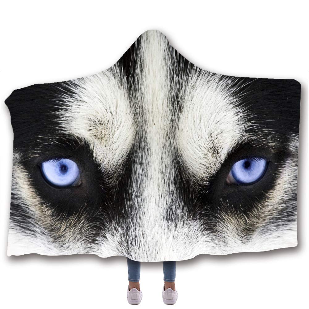 Chickwin Hooded Blanket for Adult Kids 3D Pet Dog Print Cape Throw Wrap Robe Blanket With Hood Wearable Throw Cloak Sofa Blankets Winter Sofa TV Lazy (200x150cm,Husky eyes)