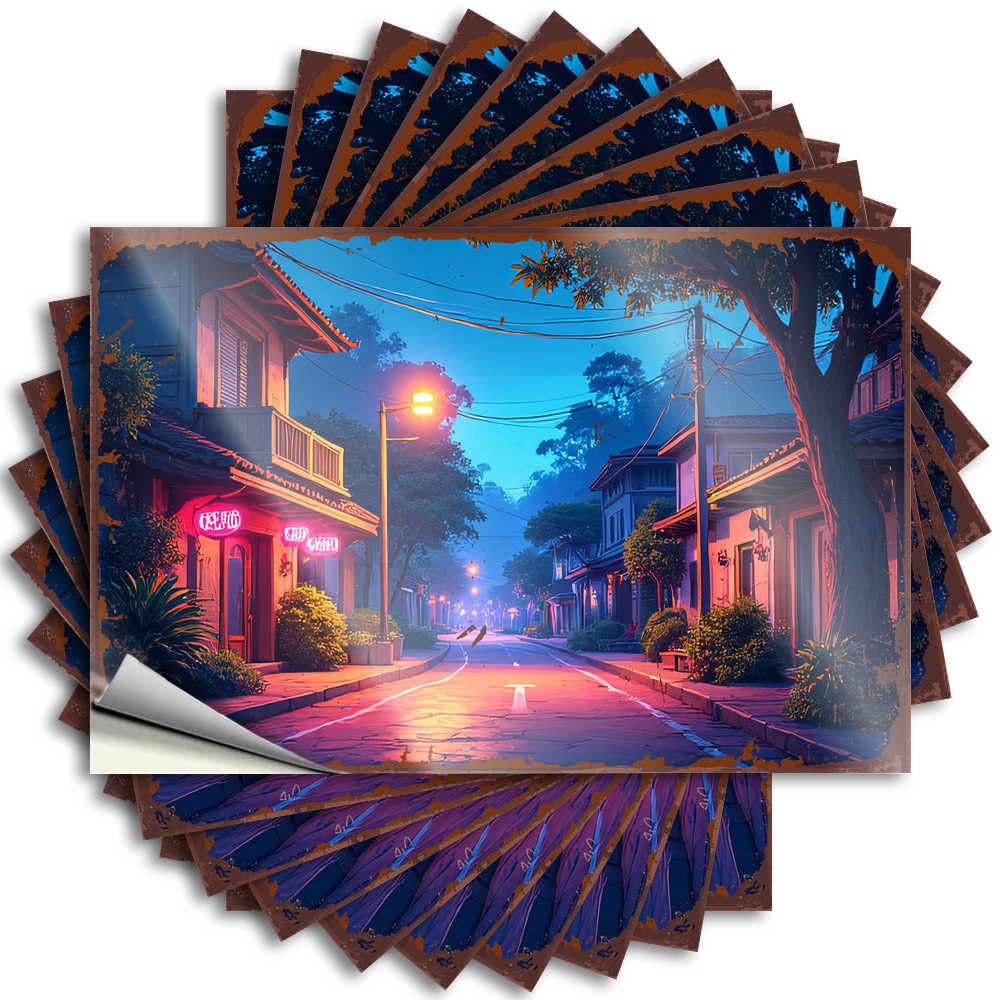 Gaming Sticker - Sweet Best Bumper Neon-lit Streets: A Serene Night Scene in an Asian Town(6X9CM)