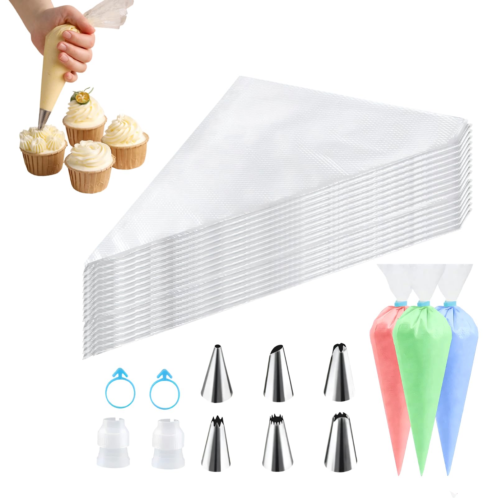 100 PCS Poches à Douilles, Comprenant 6 Douilles en INOX,1 Adaptateur | Poches à Douille Patisserie,pour Deco Gateau, Cupcake, Pâtisserie