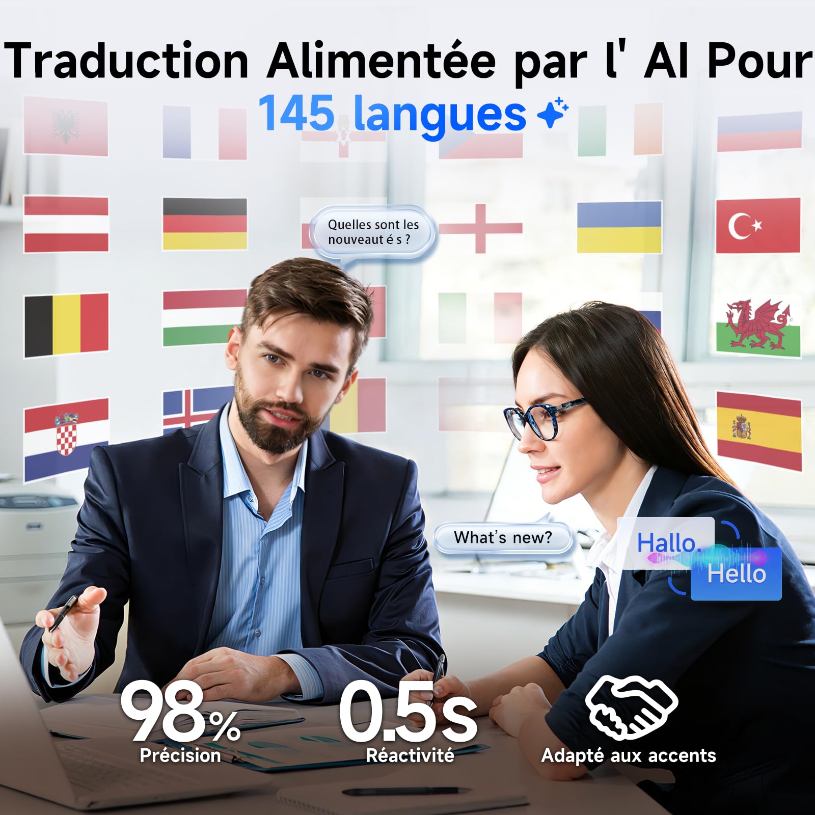 GetD Lunettes AI Intelligentes pour Hommes et Femmes, Lunettes Audio Bluetooth et Écouteurs à Oreilles Ouvertes et Assistant AI avec Traduction AI (Cadre Noir + Lentille Transparente)