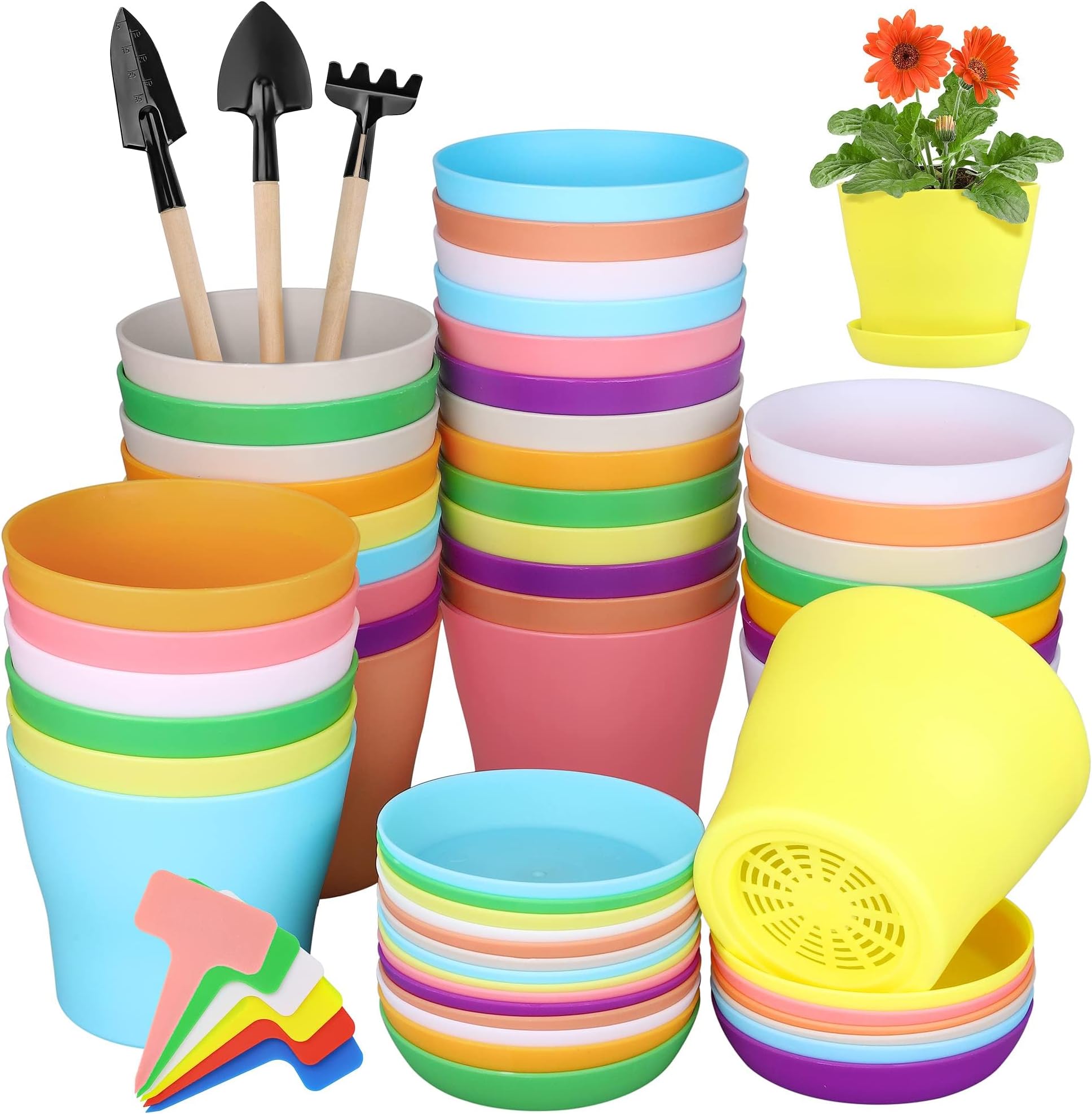 Hahood 36 Pack 4 Inch Plastic Plant Pots with Saucers Colorful Flower Plant Container Seed Starting Pots Thickened Seedlings Nursery Pots for Home Garden Indoor Outdoor Flowers, 9 Colors