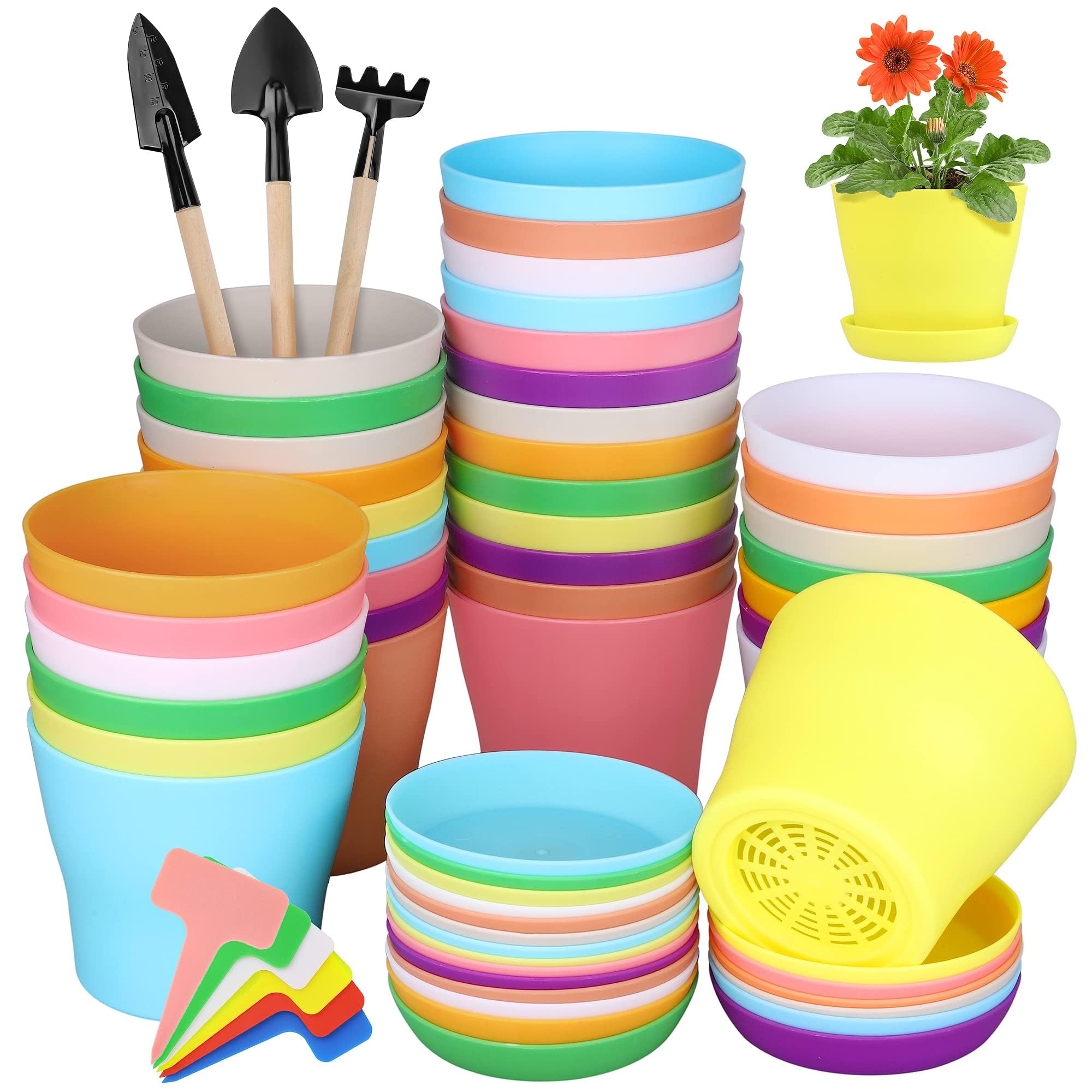 36 Pack 4 Inch Plastic Plant Pots with Saucers Colorful Flower Plant Container Seed Starting Pots Thickened Seedlings Nursery Pots for Home Garden Indoor Outdoor Flowers, 9 Colors