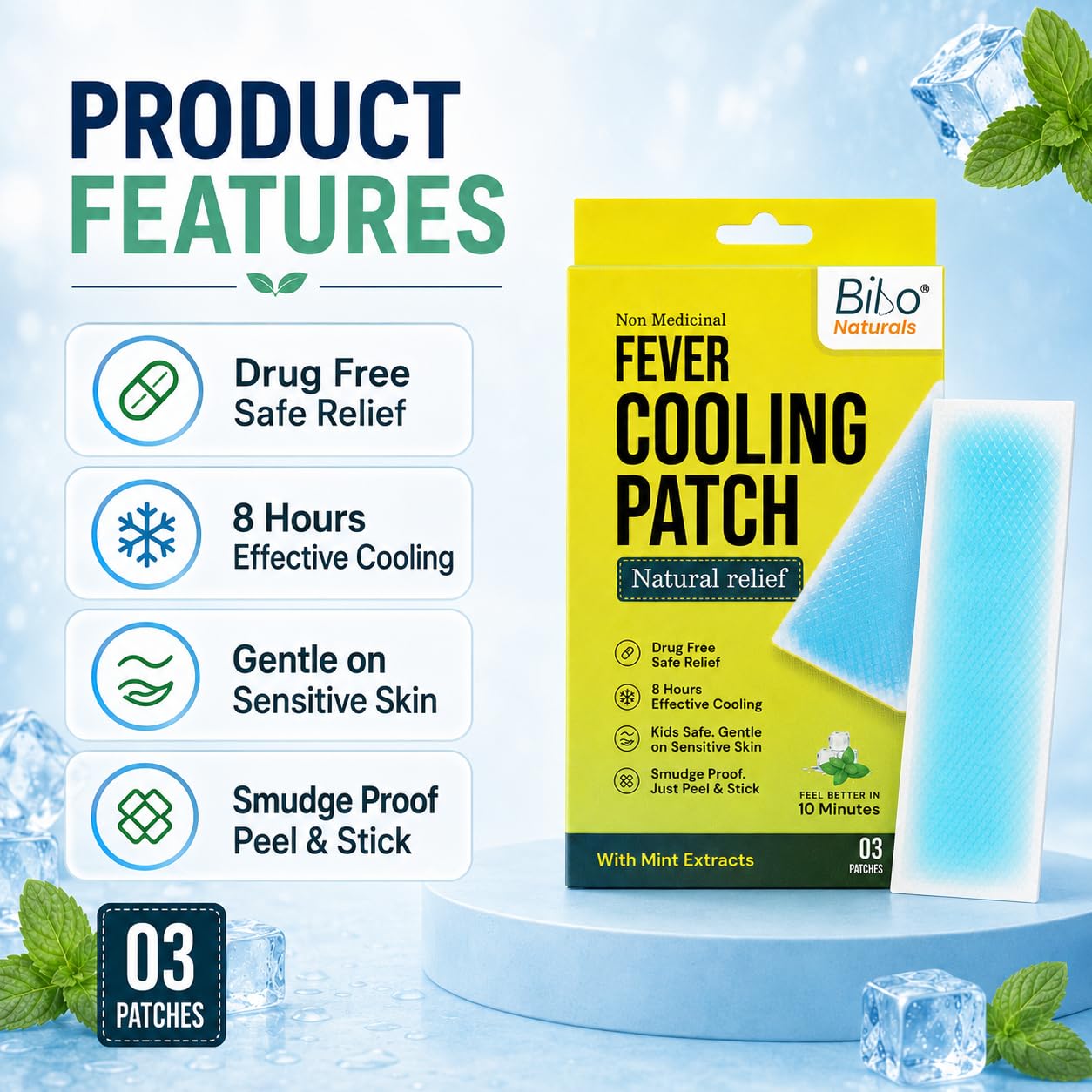 Bibo Fever Cooling Patch with Mint Extracts, Up to 8 Hours Cooling, Pack of 3 Patches — Amazon image 3