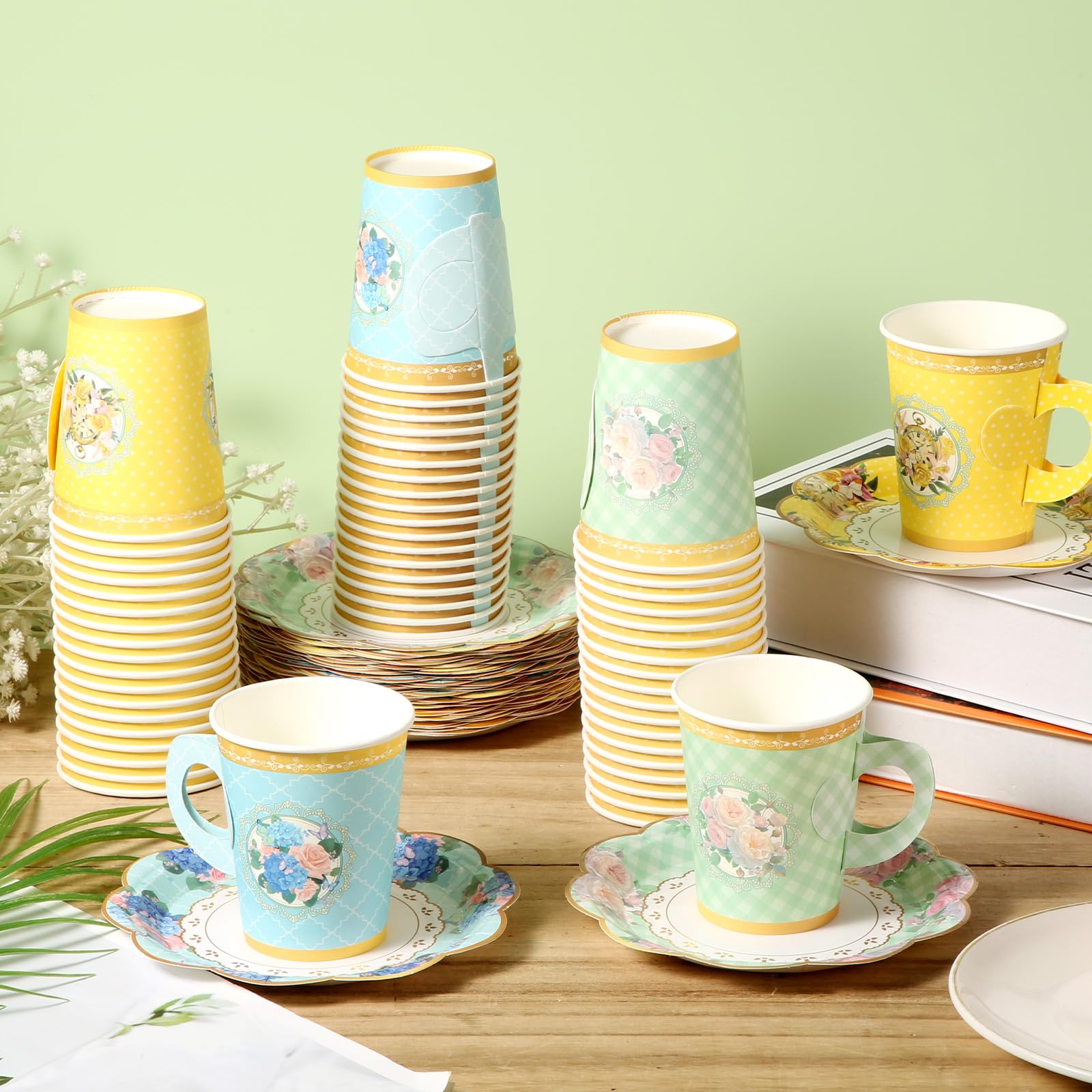 120uds Juego de Vajilla Desechable, Vajilla de Papel 60 Tazas de té de Papel con Asa 60 Platillos de Encaje Vajilla Floral para Fiesta para Niñas Suministros para Fiesta de té