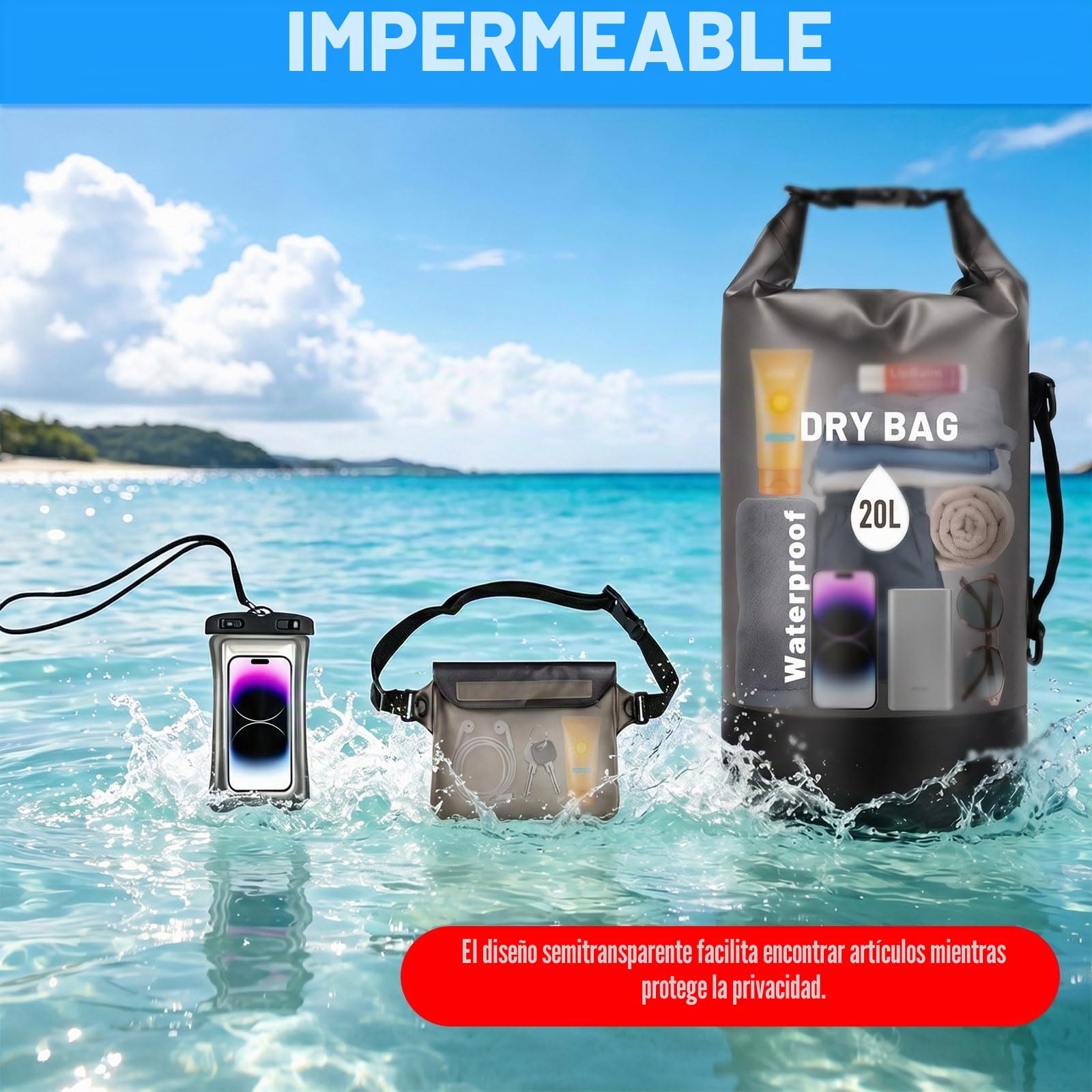 Dry Bag 20L Bolsa Estanca con Riñonera Impermeable y Funda para Móvil | PLCatis Mochila Estanca Waterproof Dry Bag Backpack para Barcos Kayak Sup Deportes Acuáticos y Camping - Negro