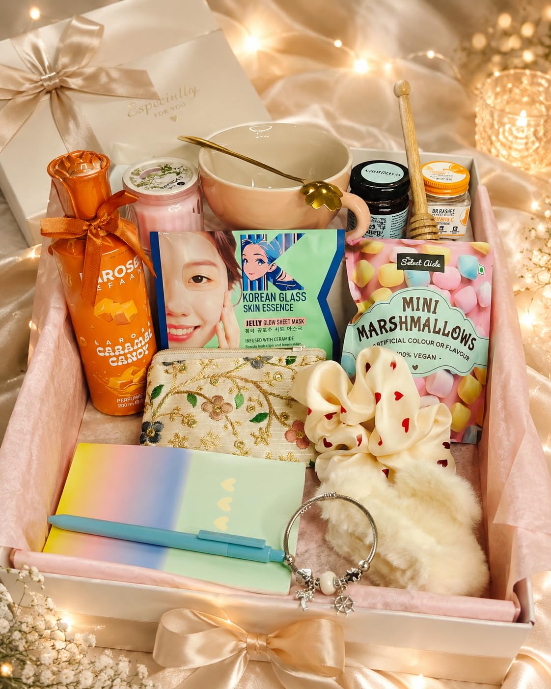 Premium Luxury Gift Box for Women & Girls | Gift Hamper with Body Mist, jelly Glow Face Sheet Mask, Satin Scrunchie, Ceramic Mug, Jar Candle, Notebook & Accessories | Birthday, Anniversary & Festive Gift Hamper-image-46