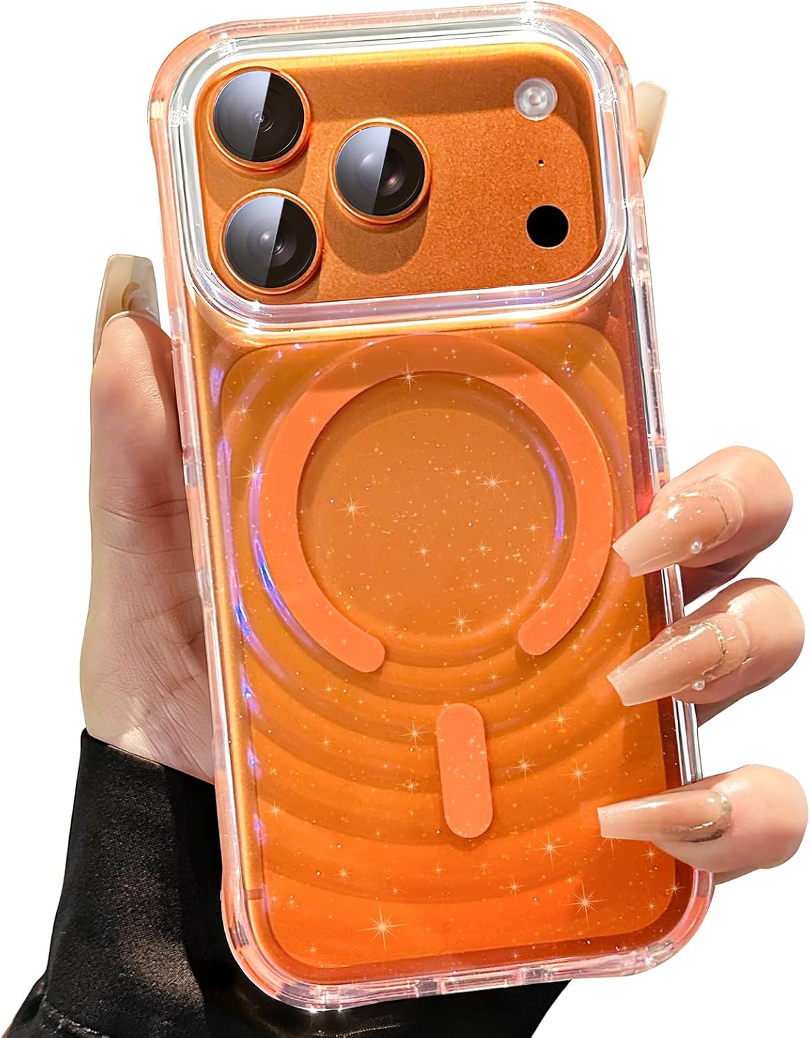 for iPhone 17 Pro Max Phone Case, Compatible with MagSafe, Magnetic Girly Clear Ripple Phone Cover with Bling Sparkly, Summer Colorful Slim Fit Case for iPhone 17 Pro Max 6.9", Glitter Orange