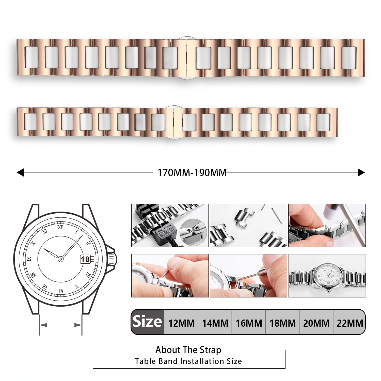BINLUN Bracelet de Montre en Céramique avec en Acier Inoxydable Poli 12mm/14mm/16mm/18mm/20mm/22mm avec Boucle Papillon