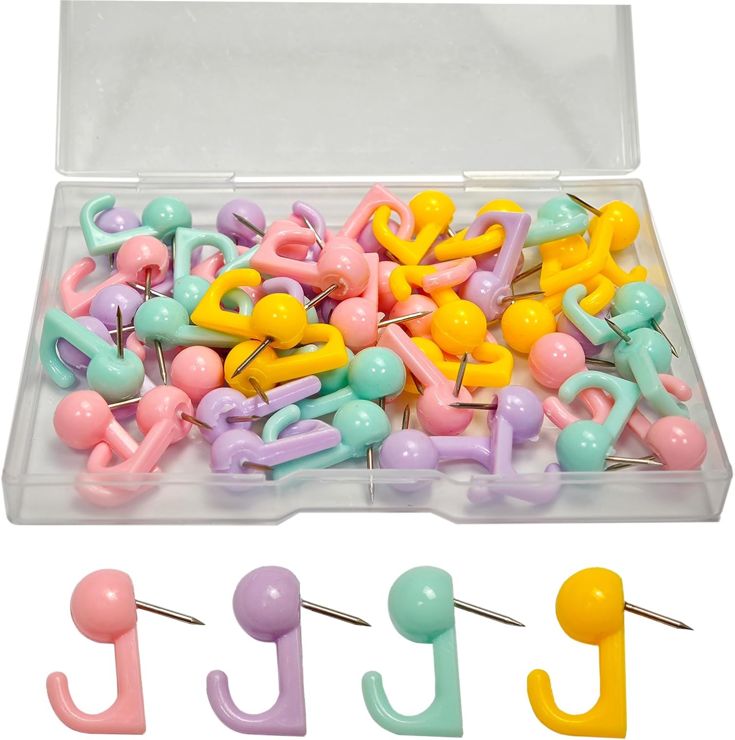 50 Pcs Push Pin Hooks, Multicolor Thumb Tacks with Plastic Heads, Decorative Wall Hooks for Cork Bulletin Board, Map, Photo, Calendar, Home Office School Supplies