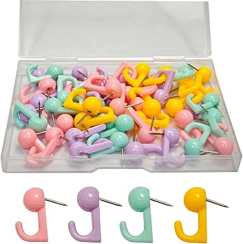50 Pcs Push Pin Hooks, Multicolor Thumb Tacks with Plastic Heads, Decorative Wall Hooks for Cork Bulletin Board, Map, Photo, Calendar, Home Office School Supplies
