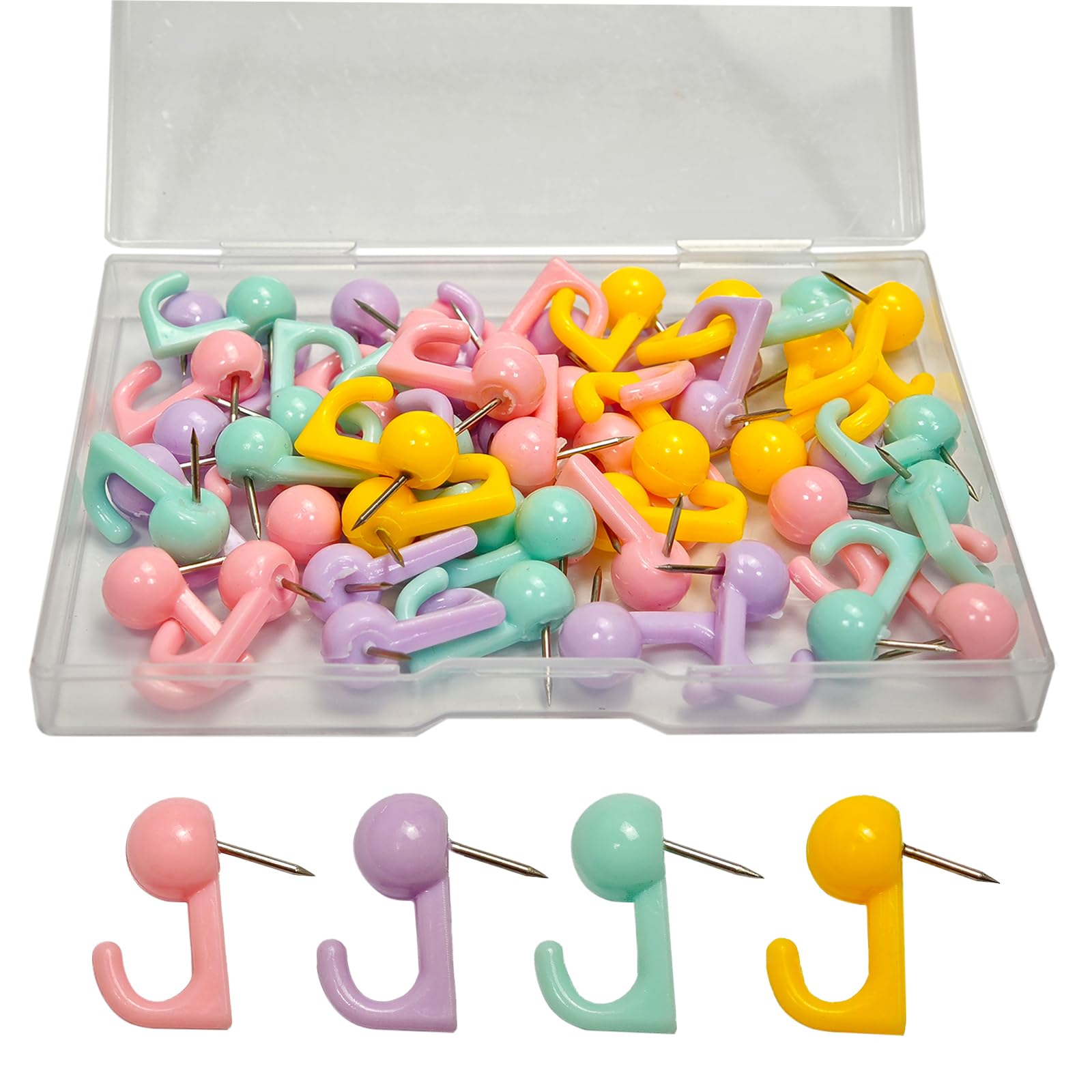 50 Pcs Push Pin Hooks, Multicolor Thumb Tacks with Plastic Heads, Decorative Wall Hooks for Cork Bulletin Board, Map, Photo, Calendar, Home Office School Supplies