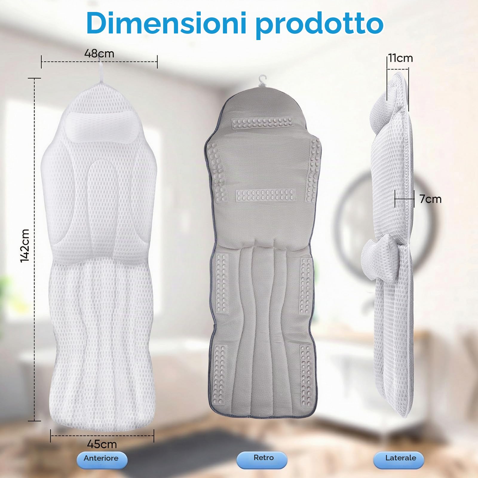 Set completo per vasca da bagno con cuscino lombare, 142 x 48 cm, morbido divano da bagno in rete 5D con ventose e poggiatesta, tappetino per vasca da bagno e tappetino spray (bianco)