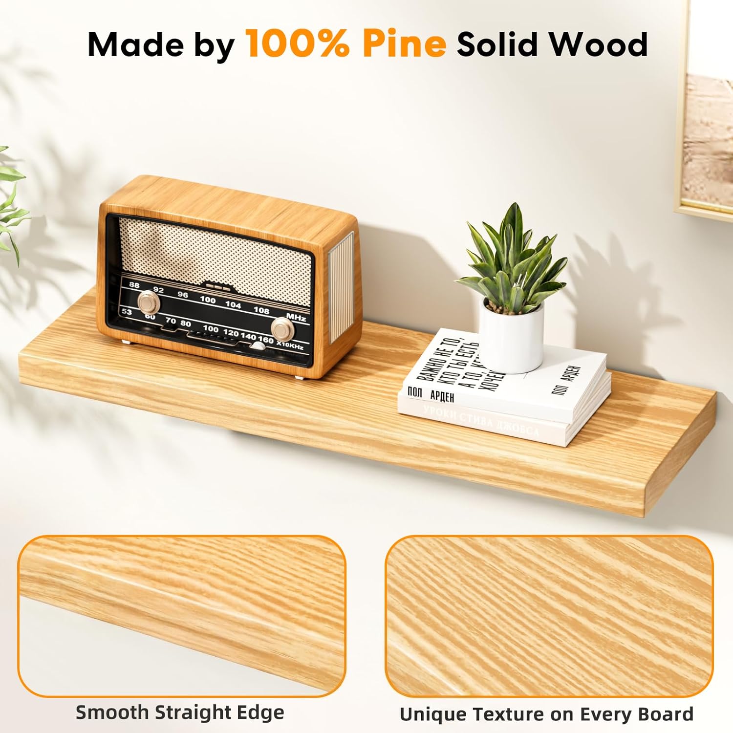 Floating Shelves for Wall Rustic Farmhouse 24 Inch Floating Shelf Wooden Shelves for Wall Pine Wood Shelf with Unique Natural Grain for Living Room Bedroom Kitchen (Raw Wood)