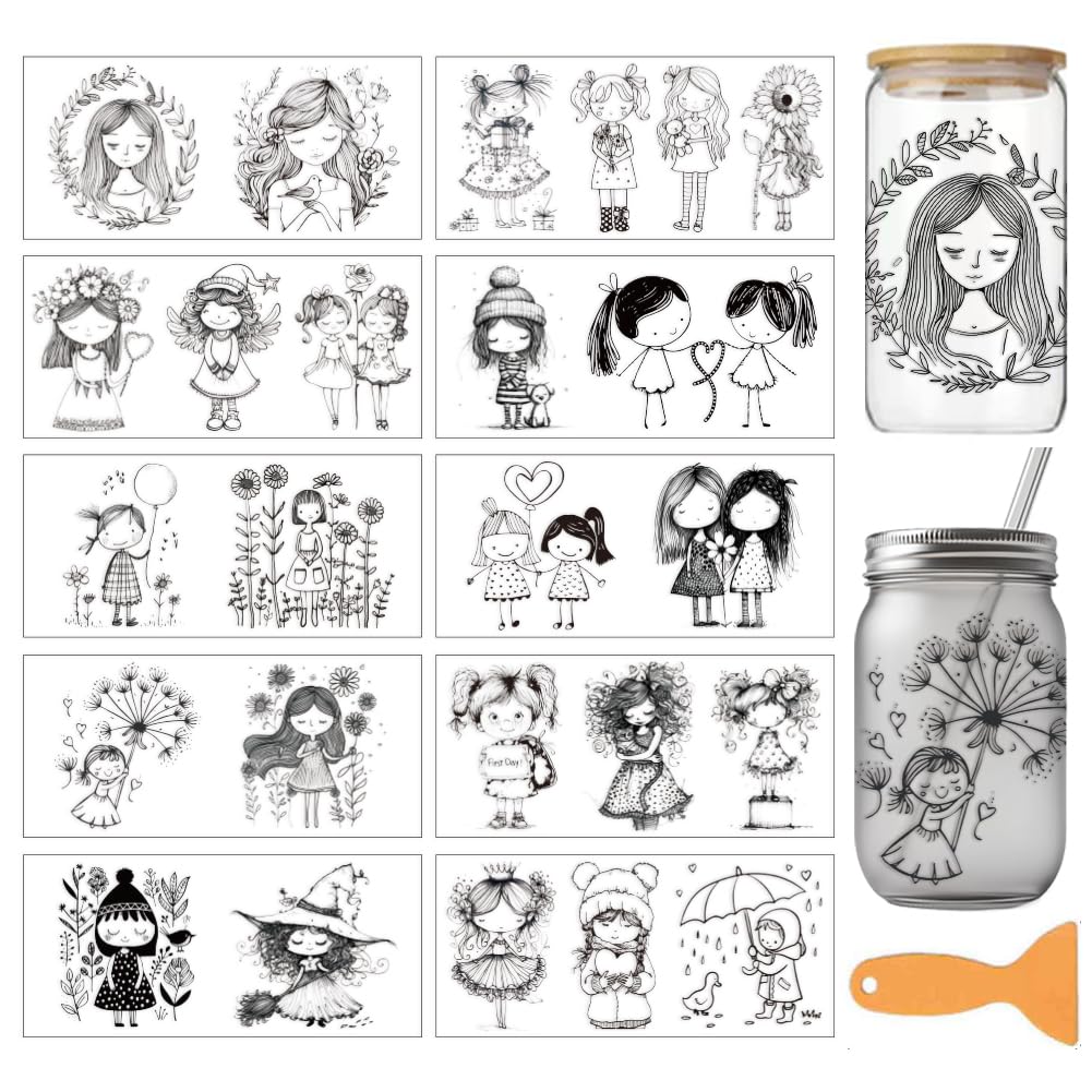 arricraft 10 Sheets Cartoon Women Theme UV DTF Cup Wrap for 16OZ Glass, Line Drawing Women Rub on Decals PVC Transfer Stickers for DIY Cups Window Home Printing Decoration 24x11cm/9.4x4.3inch โ image 1