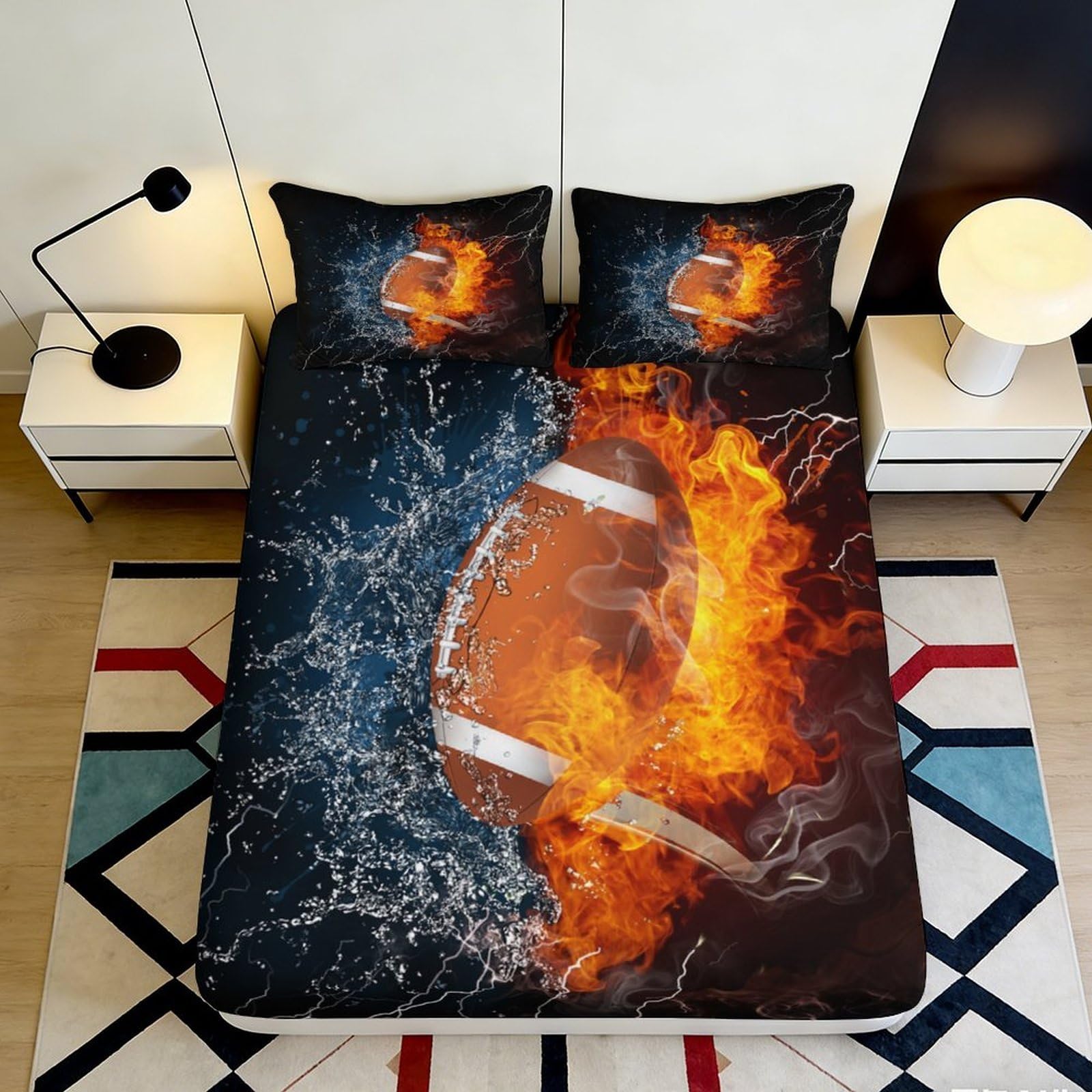3D Printed Fire and Water American Football Fitted Sheet Microfiber Soft Breathable Flame Pattern Bed Cover for Bedroom Dormitory Guest Room Mattress Protection 120x200x25cm