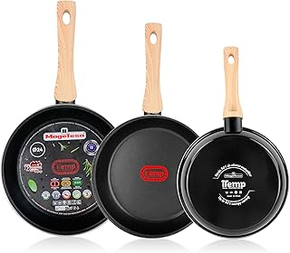 MAGEFESA Juego 3 Sartenes Inducción 20-24-26 cm, Antiadherente Libre PFOA Esmalte Exterior Negro, Herrajes Efecto Madera, ...