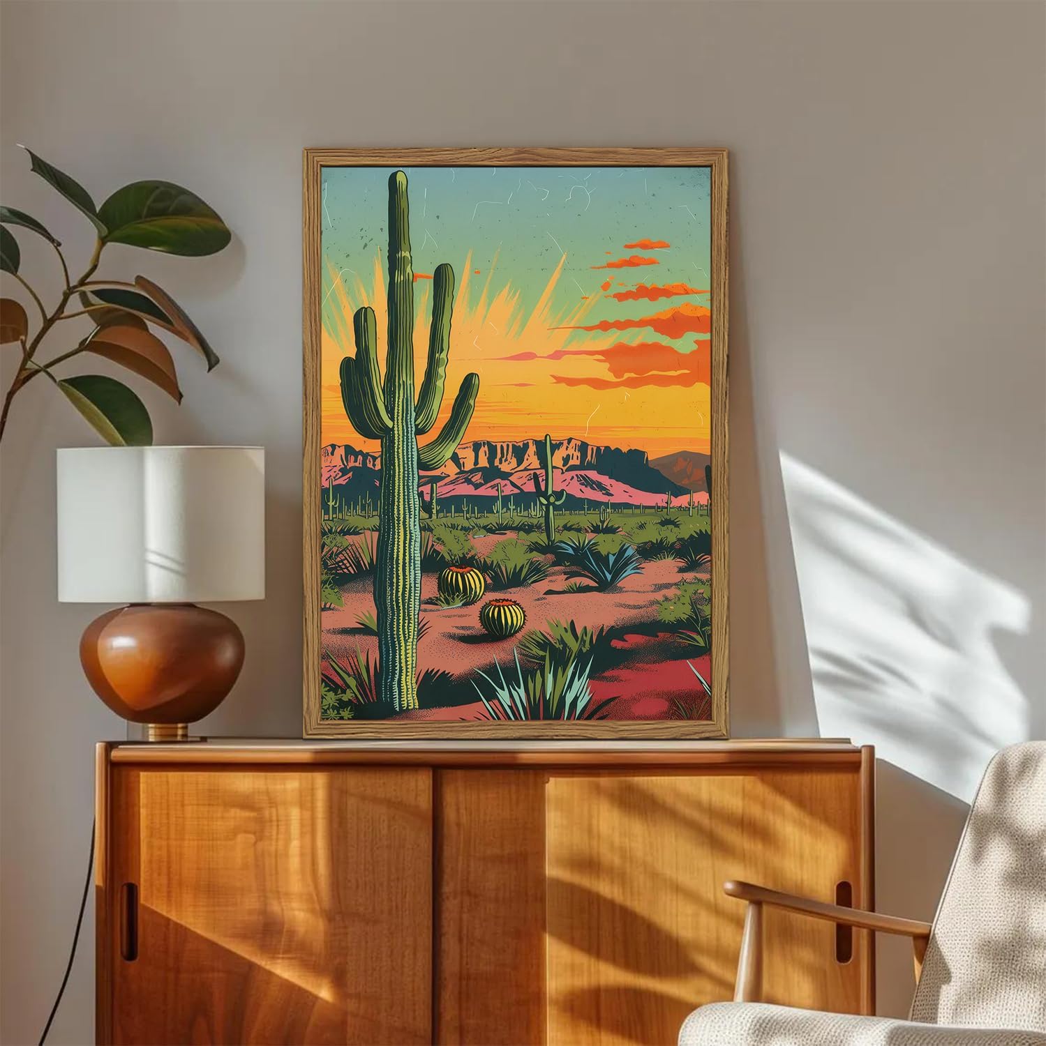 Framed Desert Landscape Wall Art Set of 3, Vintage Mexican Cactus Wall Decor Paintings, Boho Southwestern Mountain Plant Pictures Canvas Prints for Living Room Bedroom Bathroom Office 16x24 inch