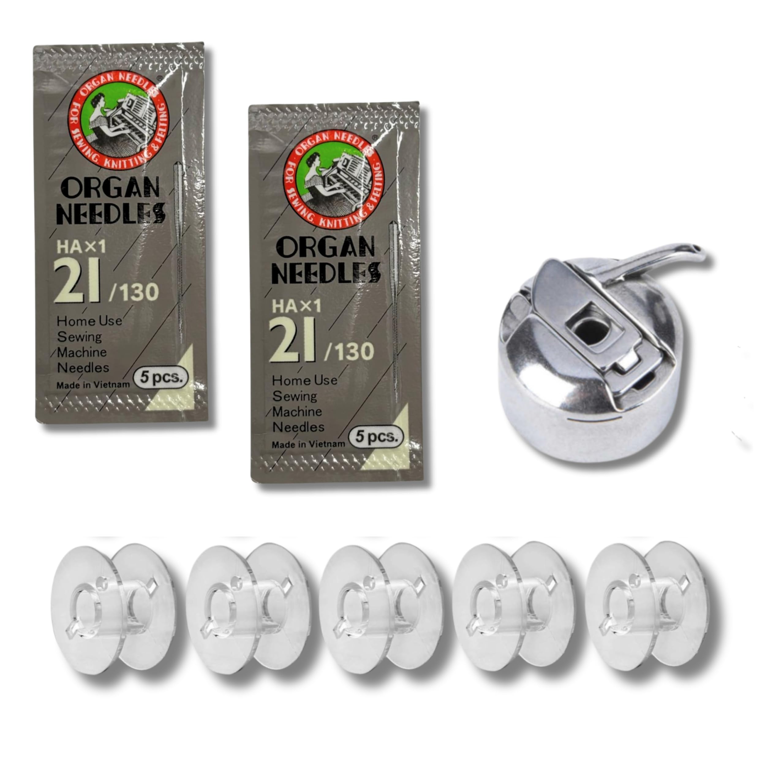 Zenith Combo of Original Needles Size NO HA 21 (2 Packs, 10 Needles) 1 Premium Bobbin case 5 Plastic Bobbins Combo Works with All Automatic Home Use Machines-image-0