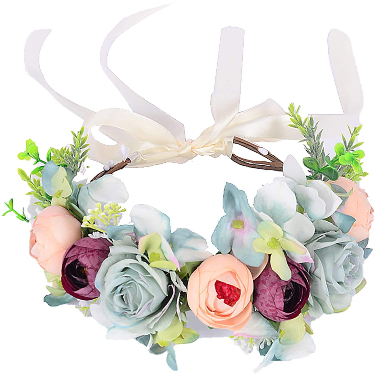 SYGA Crown Bridal Wreath Handmade Fabric Flower Headband Headpiece With Adjustable Ribbon for Women, Wedding, Photo Props - Peach & Sky Blue (B09YHL6WWZ) Amazon Price History, Amazon Price Tracker
