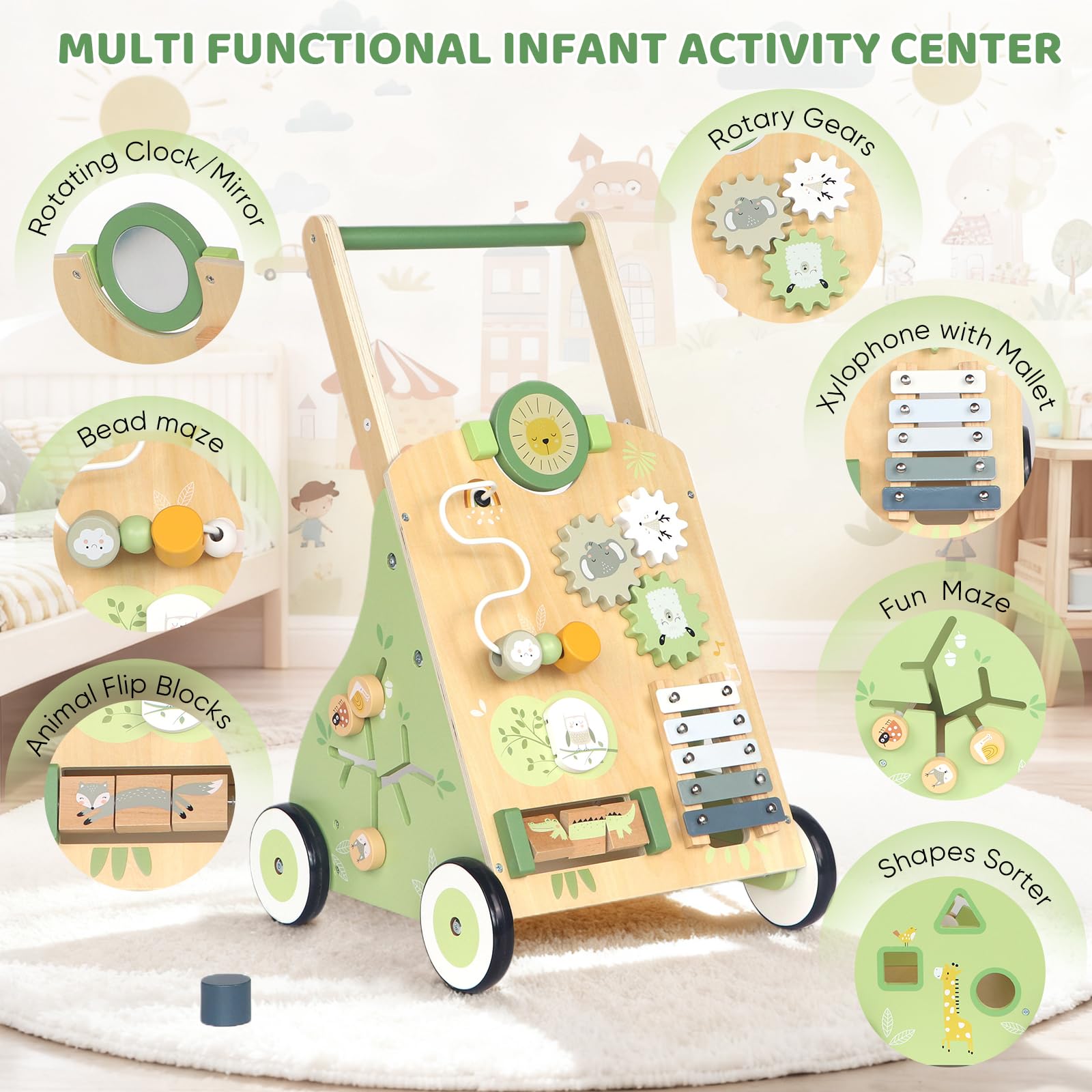 Lauflernwagen Baby Mit 9 In 1 Lauflernhilfe | Aus Holz,Mit Activity,Mit Montessori Spielzeug Multifunktion,Baby Walker Für Babys Ab 12 Monaten