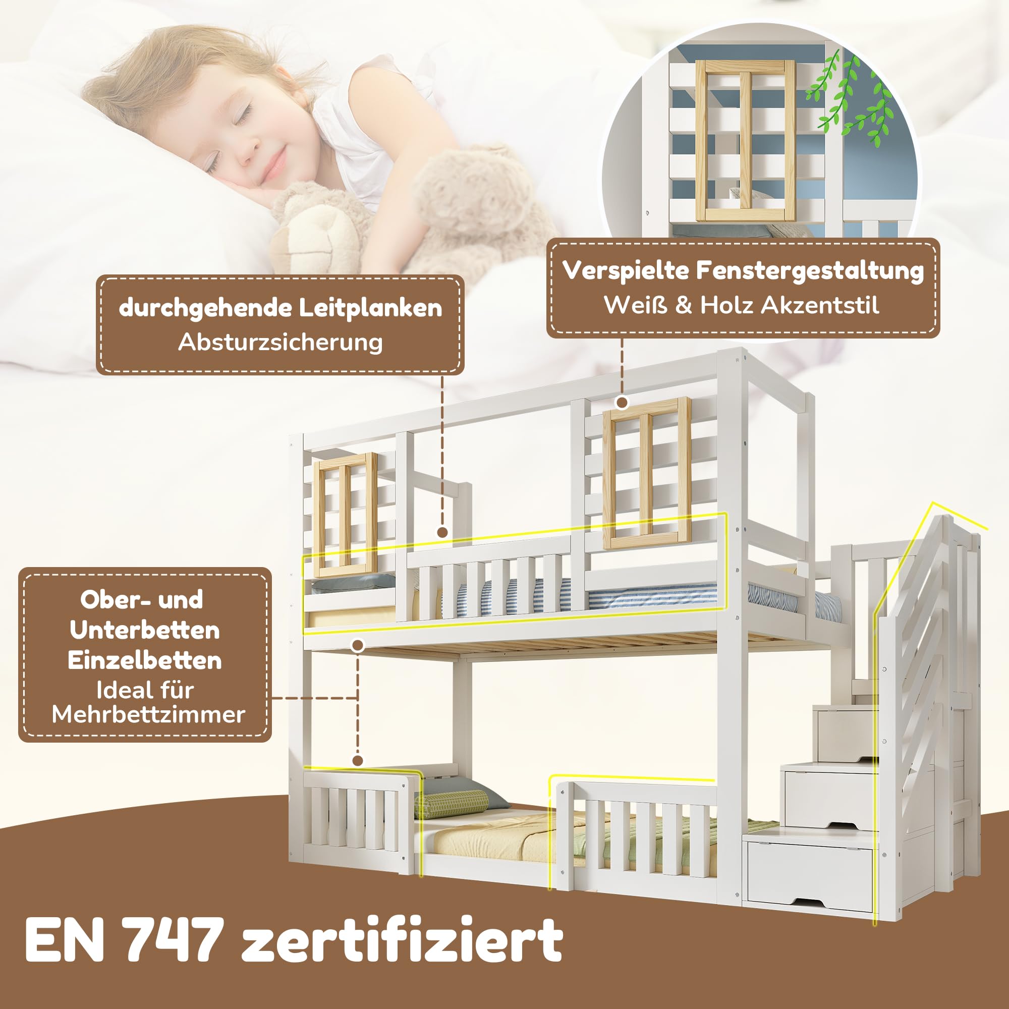 Etagenbett 90x200 cm mit Treppe Stauraum und Fenster, Kinderbett mit Geländer, Hochbett mit Weiß im Hüttenstil, Stauraumbett, Holzbett, Weiß-D(Ohne Matratze)