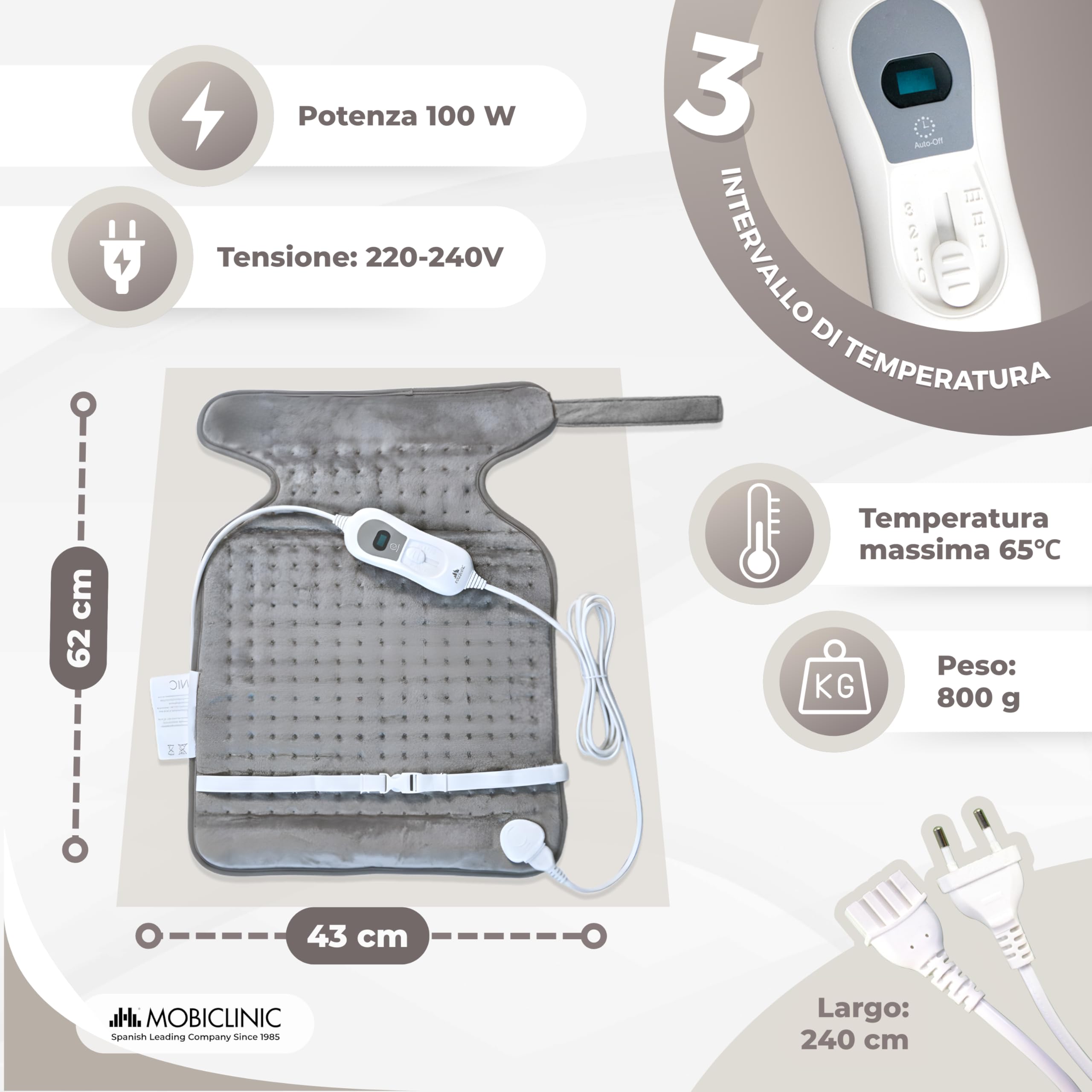 Mobiclinic®, Termoforo elettrico, Cuscino termico per collo e spalle, Basso consumo, 3 livelli di calore, Spegnimento automatico, Zona lombare cervicale, Lavabile, 62x43