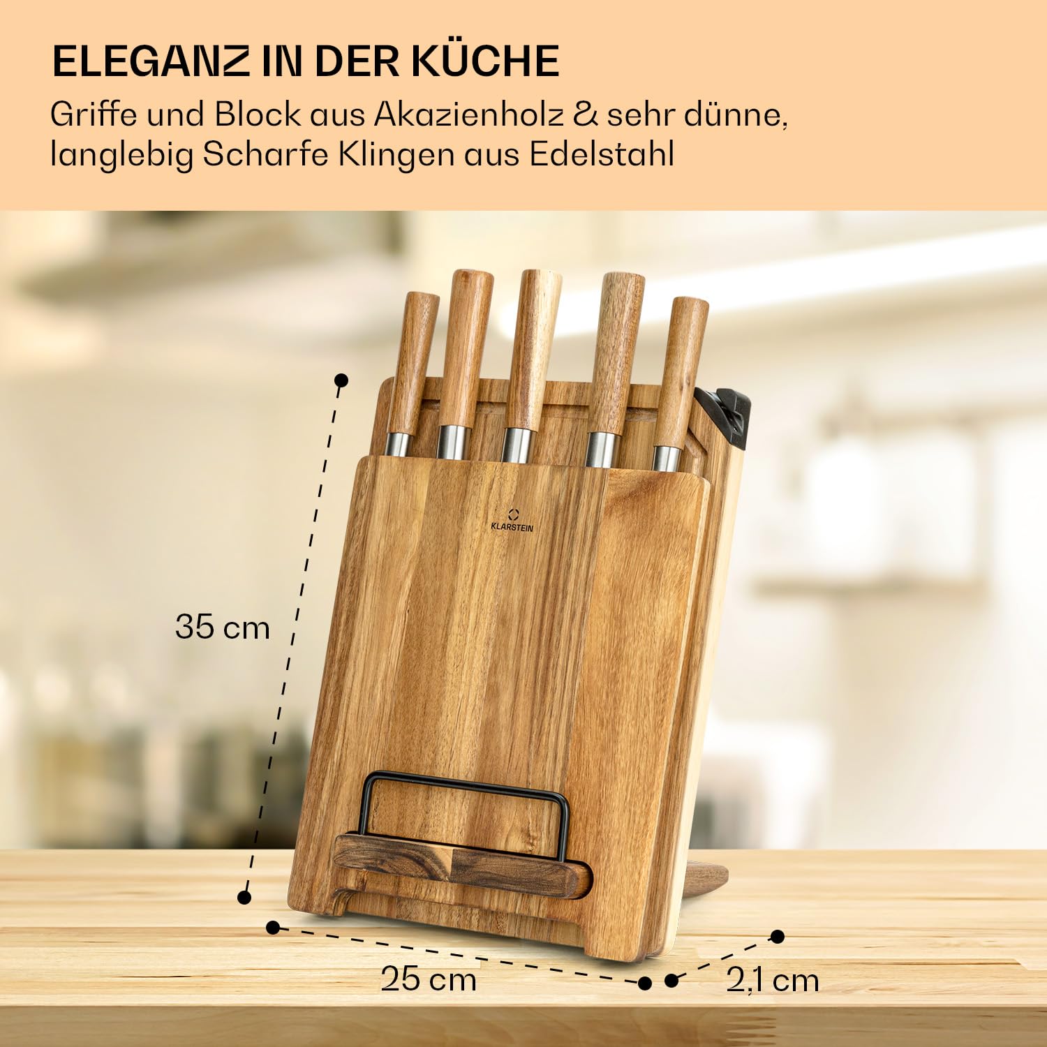 Klarstein Küchenmesser Set mit Messerblock Selbstschärfend, Messerset mit Akazienholz-Messerblock, 5 Scharfe Messer, Kratzfeste Edelstahl-Messer Küchenmesser im Japanischen Stil