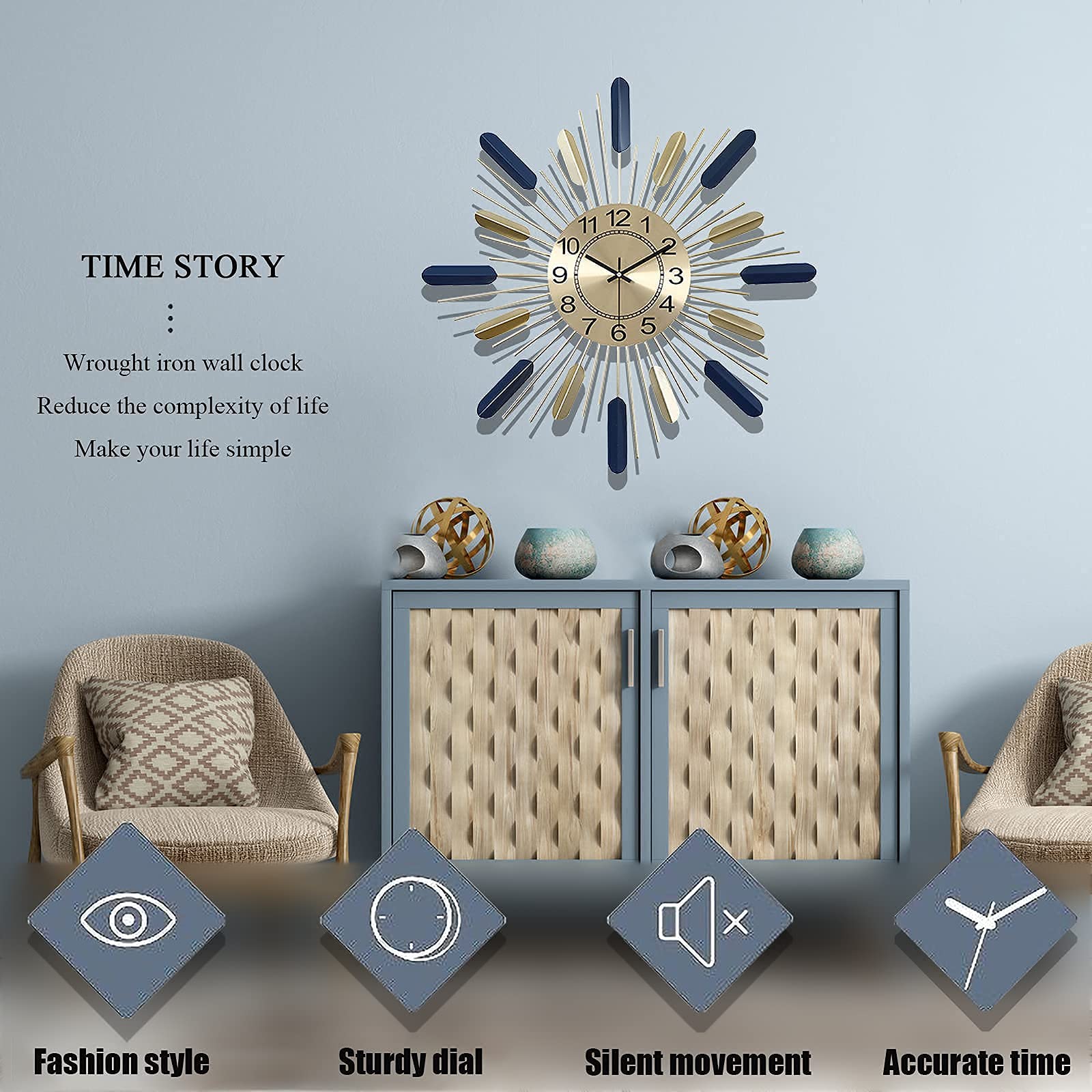 Amazon.co.jp: ミッドセンチュリーモダンブルーメタルウォールクロック