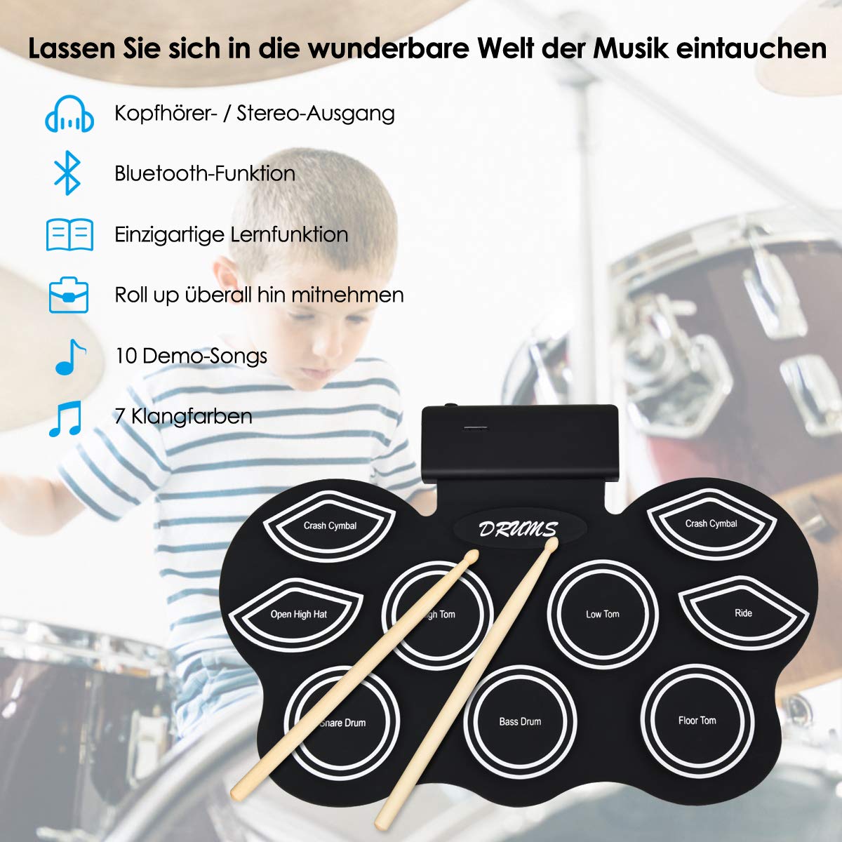 COSTWAY 9 pads e-drum, electronic drum set, roll-up drum incl. 2 pedals and 2 drumsticks for children and beginners
