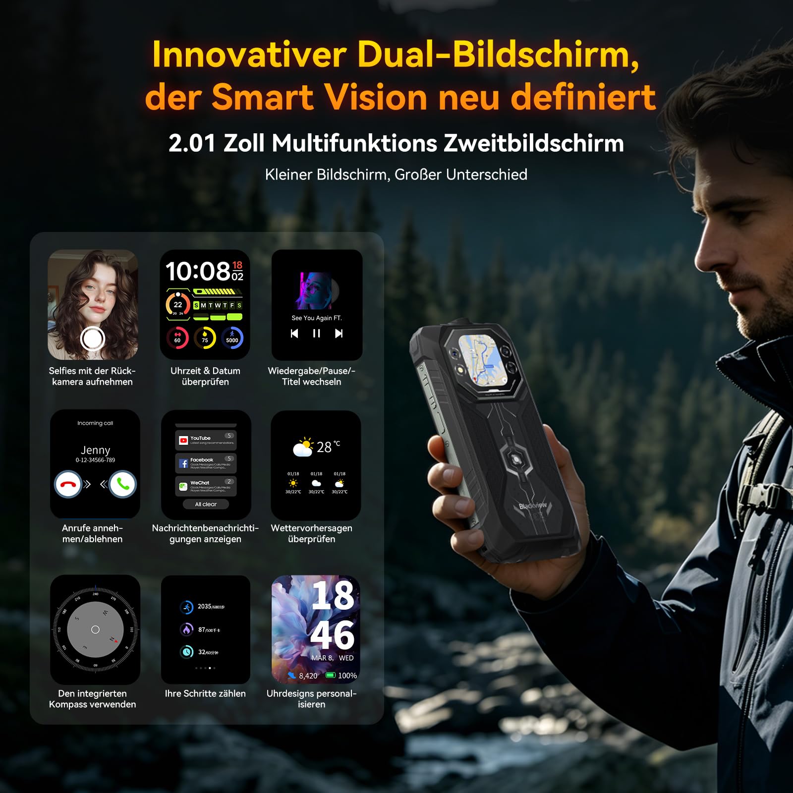 Blackview Rock 1 Android 16 Outdoor Handy für Baustelle &Camping, 15000mAh Dual-Screen Smartphone Ohne Vertrag, 20MP Nachtsicht,IP69K Wasserdicht, 24GB+256GB,Gemini AI/NFC/3 Jahre Garantie