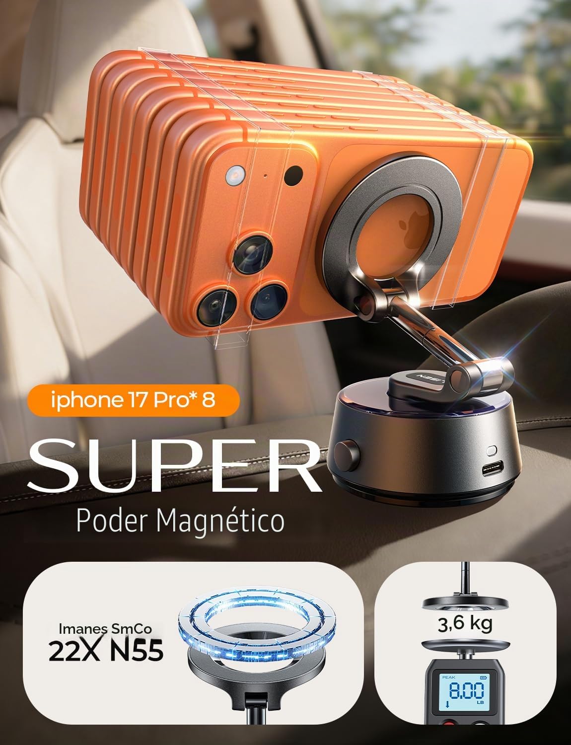 LISEN Soporte de coche Magsafe con ventosa eléctrica - [Adsorción automática] [17 + kg de potencia de succión ultra] 2025 plegable soporte de teléfono móvil al vacío para iPhone 16 Pro Max 15 14 Negro