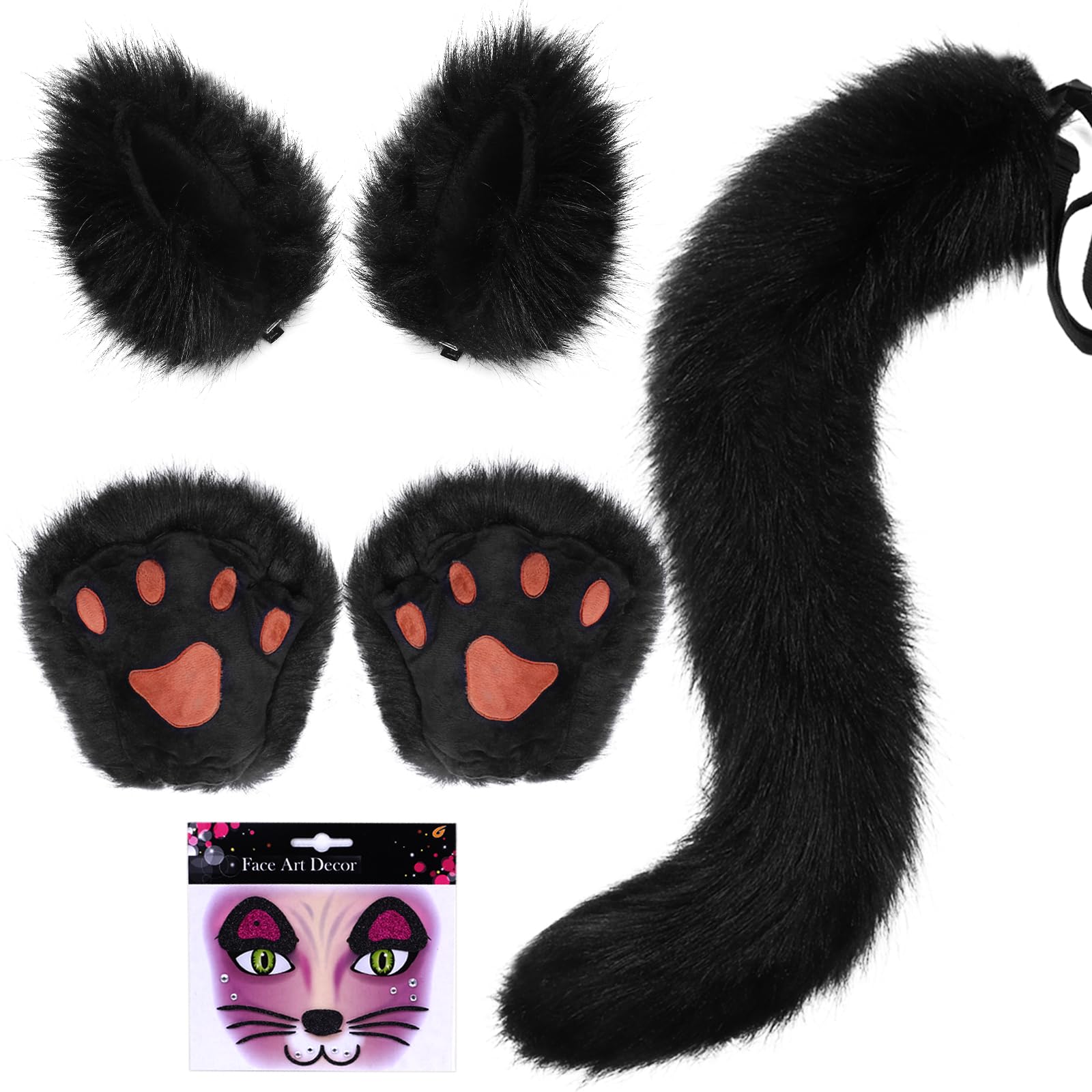 Tacobear Disfraz Gato Niña Mujer con Orejas de Gato y Cola Pata Guantes Pegatinas Cara Disfraz Halloween Carnaval Cosplay Animales Gato Lobo Cola para Niños Adultos