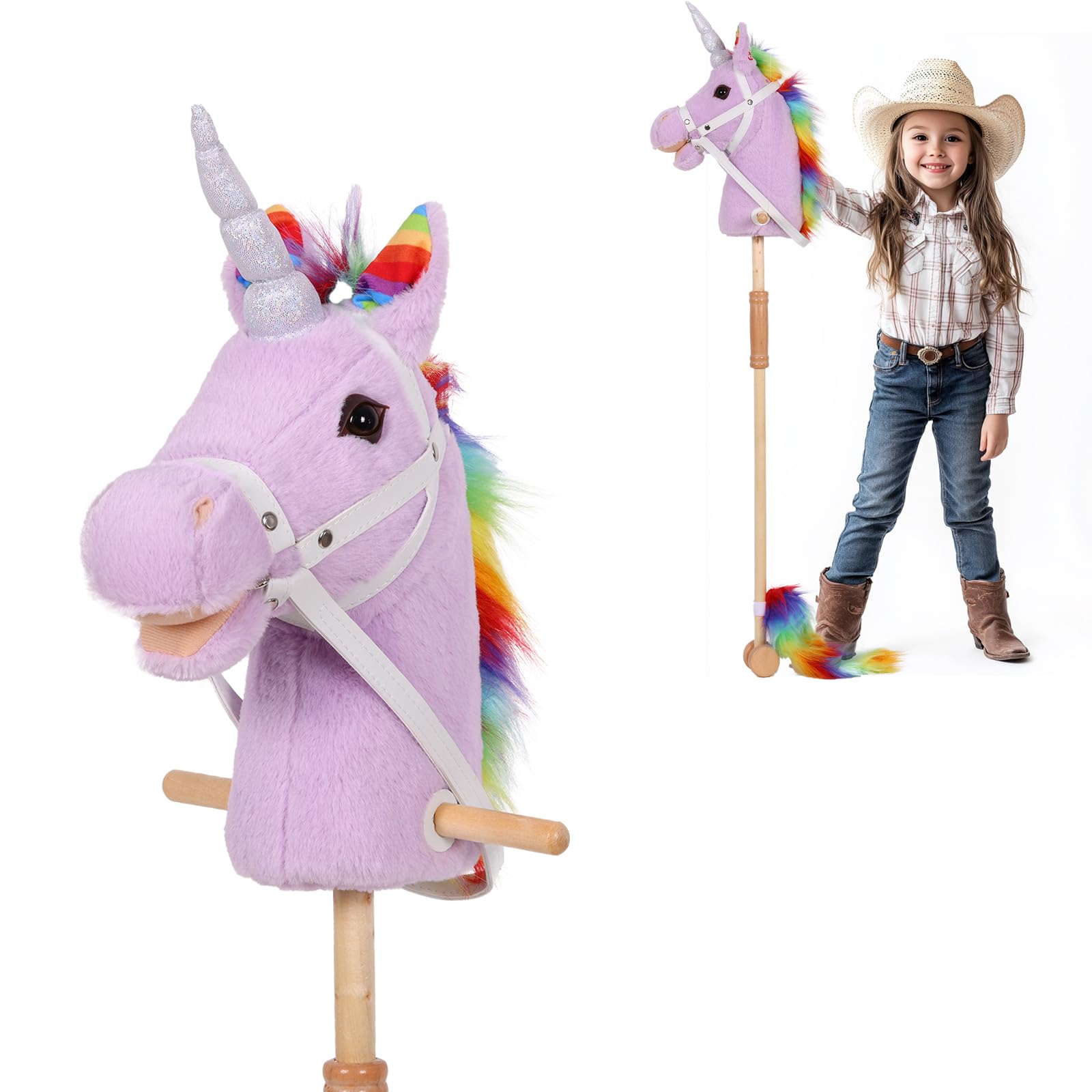 PLYFOU Stick Horse with Realistic Sound Effects, Hobby Horse, Wooden Pole, Handle, and Wheels, 38β Tall Horse Toys Gift for Kids Toddlers 3 Years+, Lavender (AA Batteries Required)