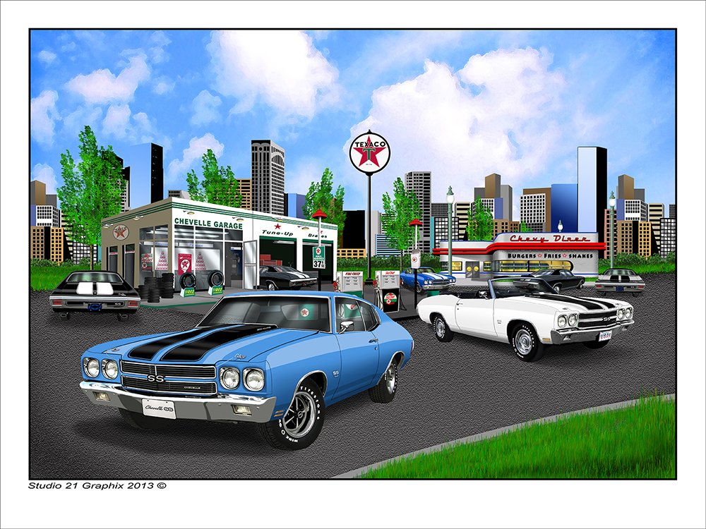 Studio 21 Graphix Limited Edition 1970 Chevrolet Chevelle SS Muscle Car Art Print Blue by Rudy Edwards 18" X 24" (Blue black stripe)
